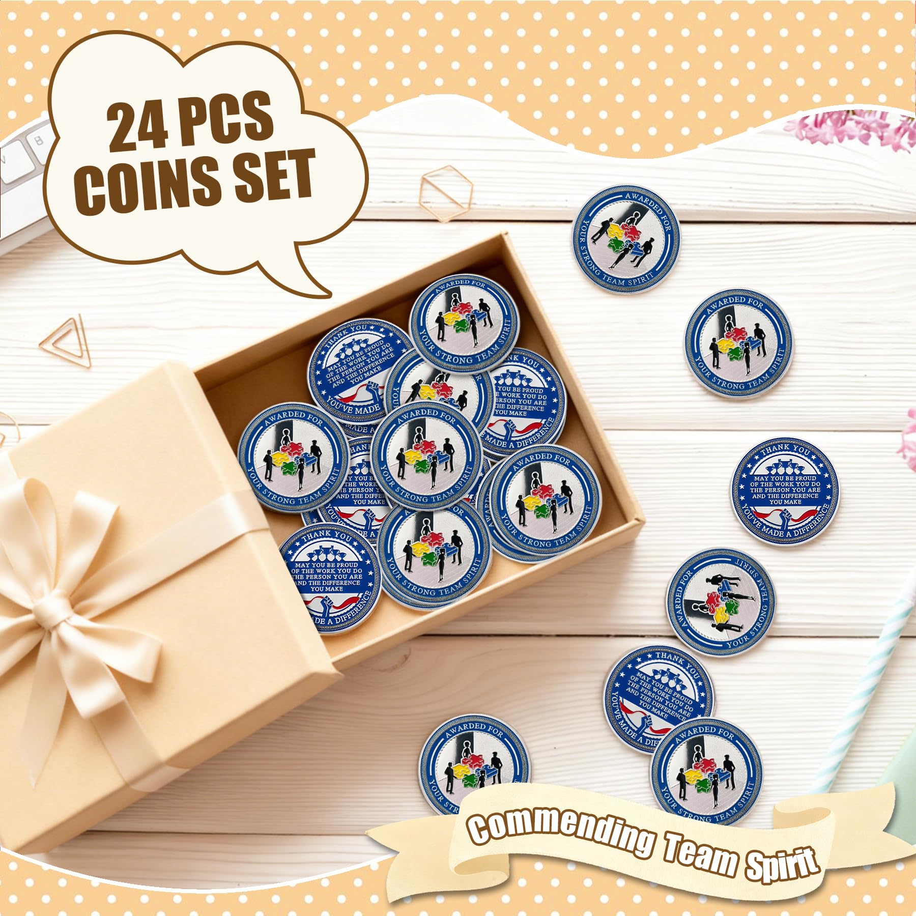 Lot de 24 pièces de monnaie de récompense Team Spirit - Cadeaux de reconnaissance pour employés - Pièces inspirantes - Cadeaux en vrac pour collègues, membres de l'équipe, employés et étudiants