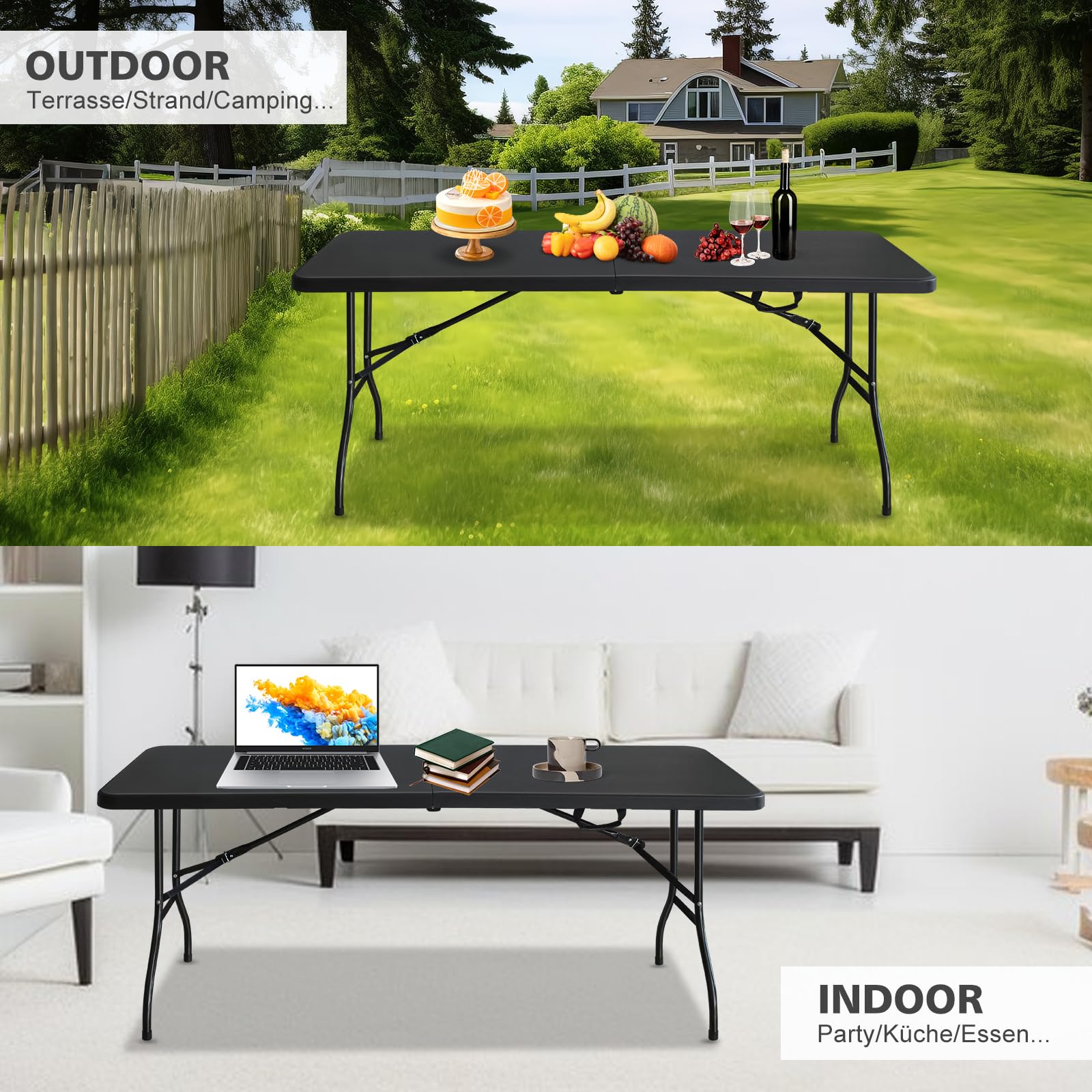 Klapptisch 180x74cm Kunststoff Klappbar Gartentisch Multifunktional Campingtisch mit Griff für BBQ, Camping, Party Schwarz