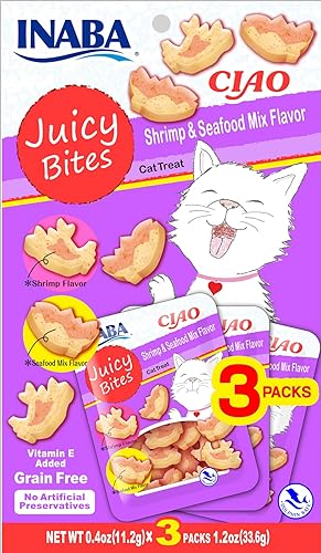 INABA Juicy Bites - Golosinas para gatos sin granos, suaves, húmedas, masticables con vitamina E y extracto de té verde, 0.4 onzas por bolsa, 3