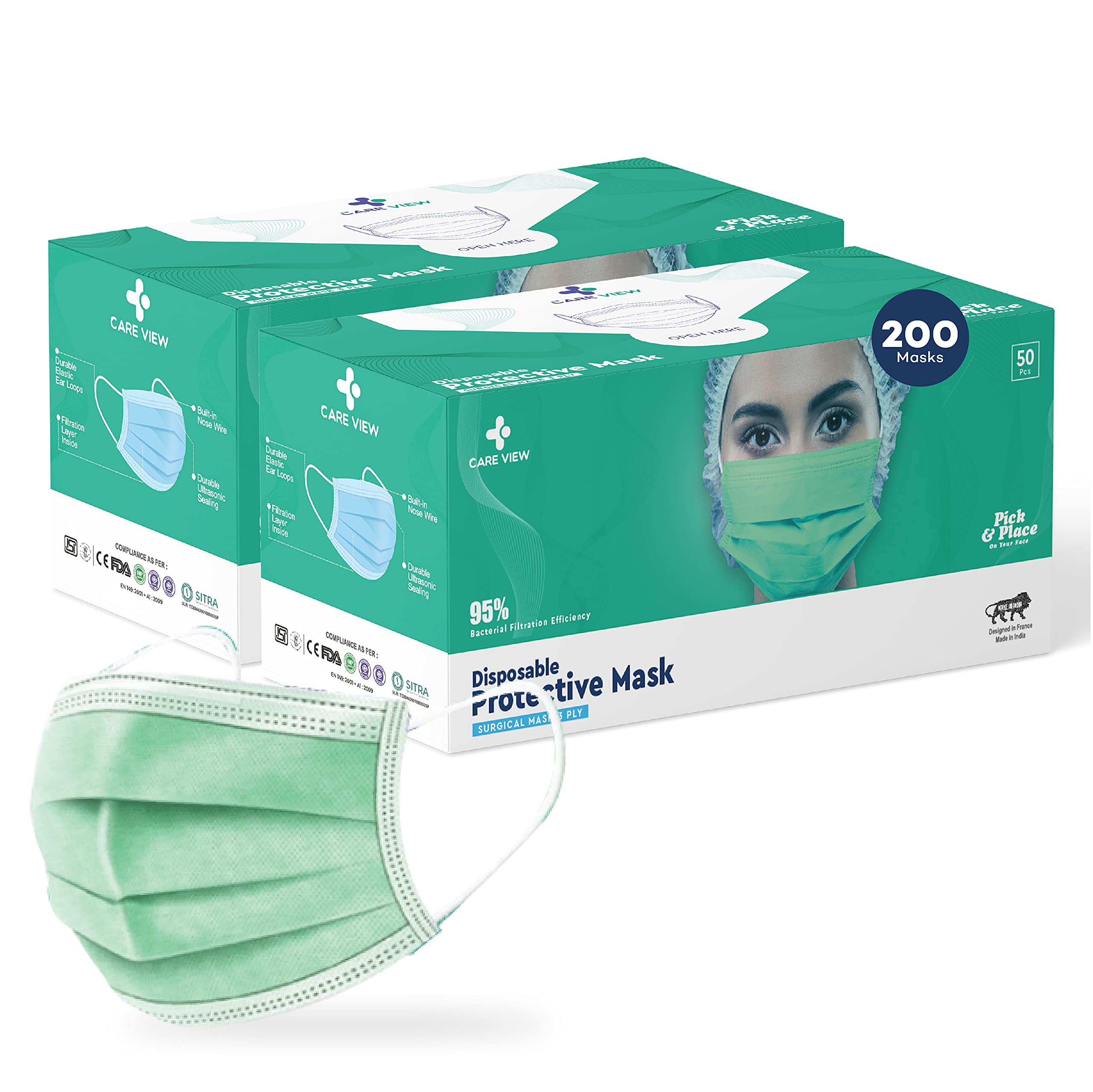 Medohealthy 3 Ply Disposable Face Masks (Pack of 200,Green) with nose pin BIS, (ISI) Certified mask with Melt blown layer-image-37