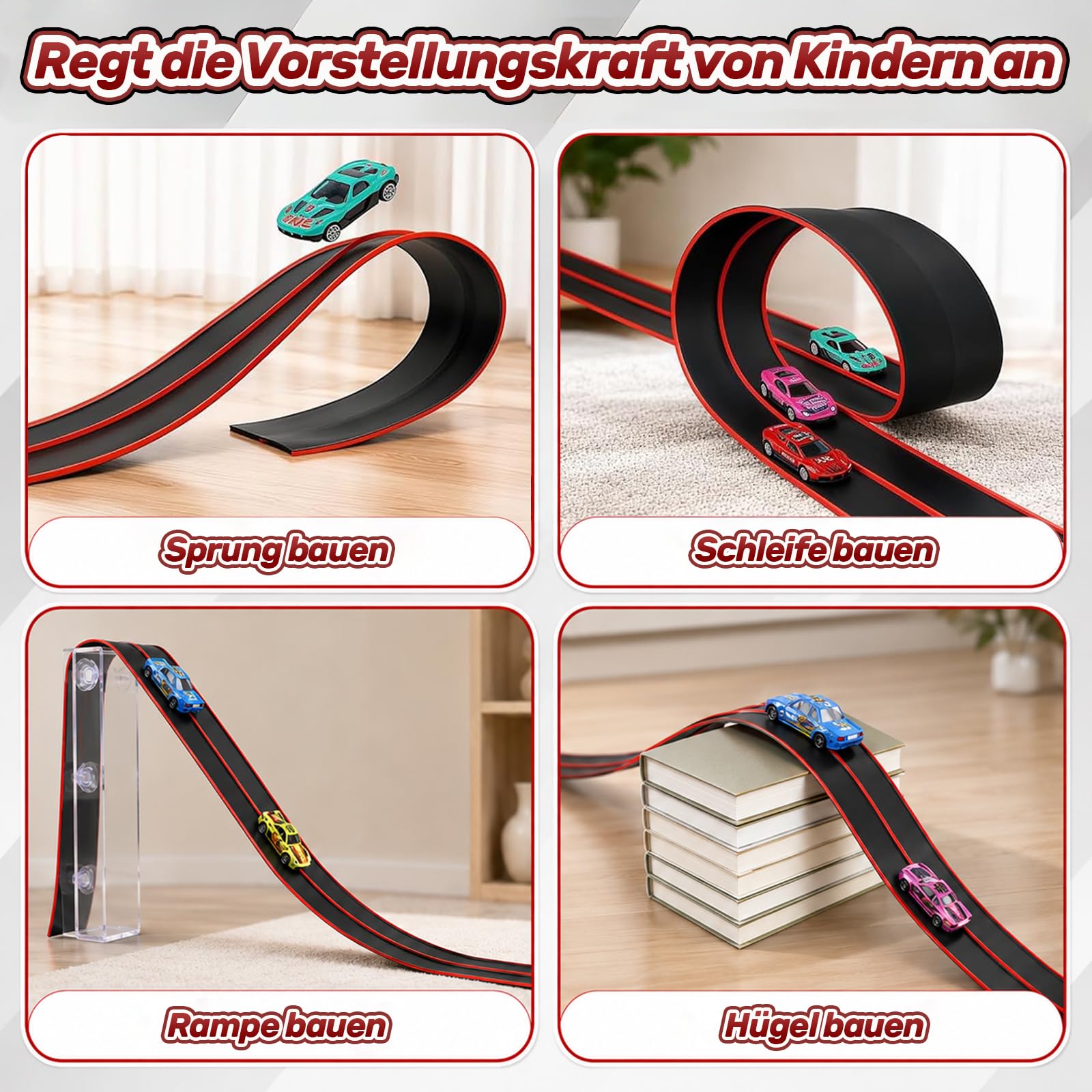 Pista da corsa flessibile per bambini, pista da corsa da 4,5 m, include 4 auto, doppia pista portatile per auto 1:64, regalo giocattolo per bambini dai 3 anni in su, regalo per interni ed esterni