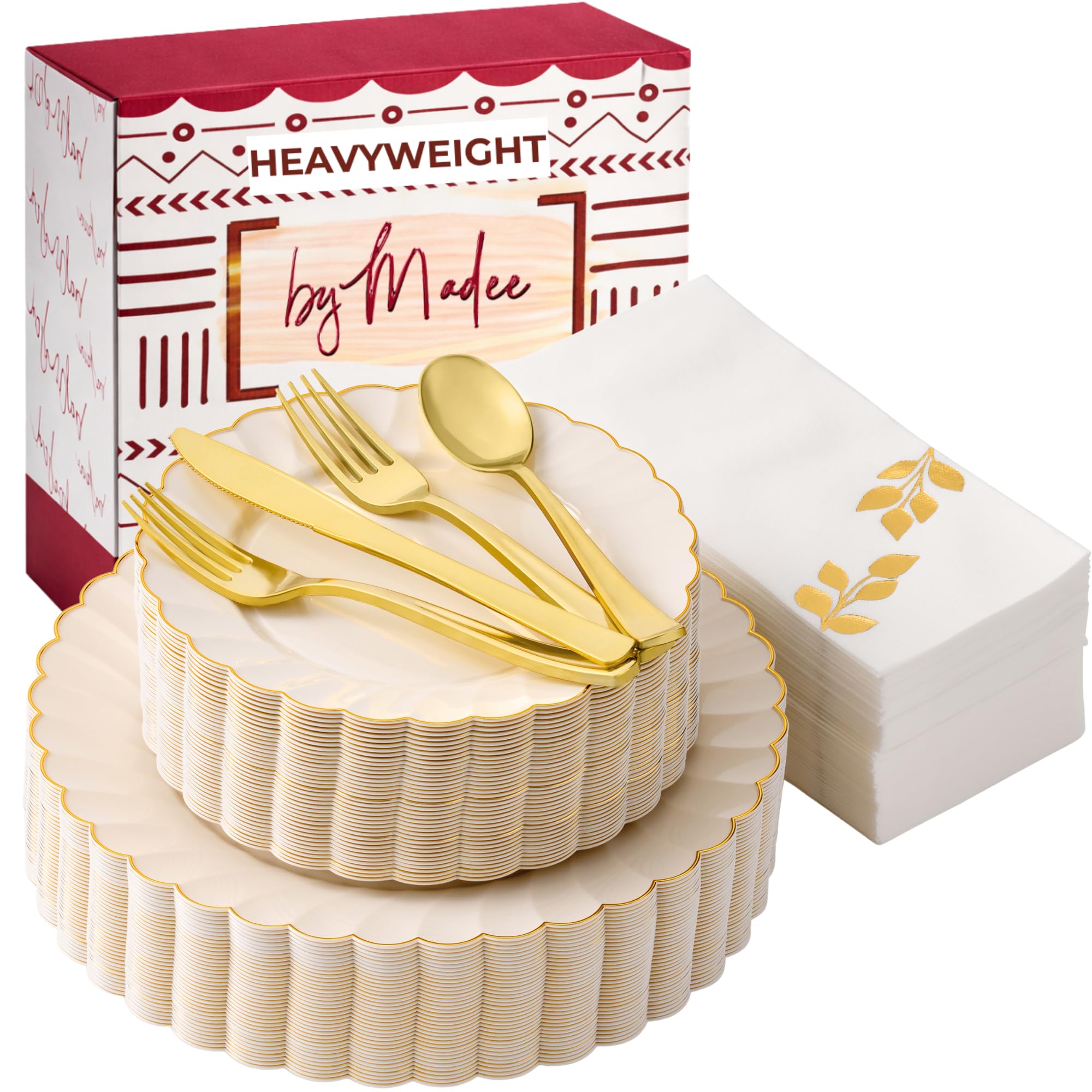 Photo 1 of By Madee HEAVYWEIGHT 175 Pc Fancy Plastic Dinnerware Sets | Ivory Scalloped Plastic Plates with Gold Trim | Fancy Plastic Plates Cutlery and Glam Napkins (25 Guests)