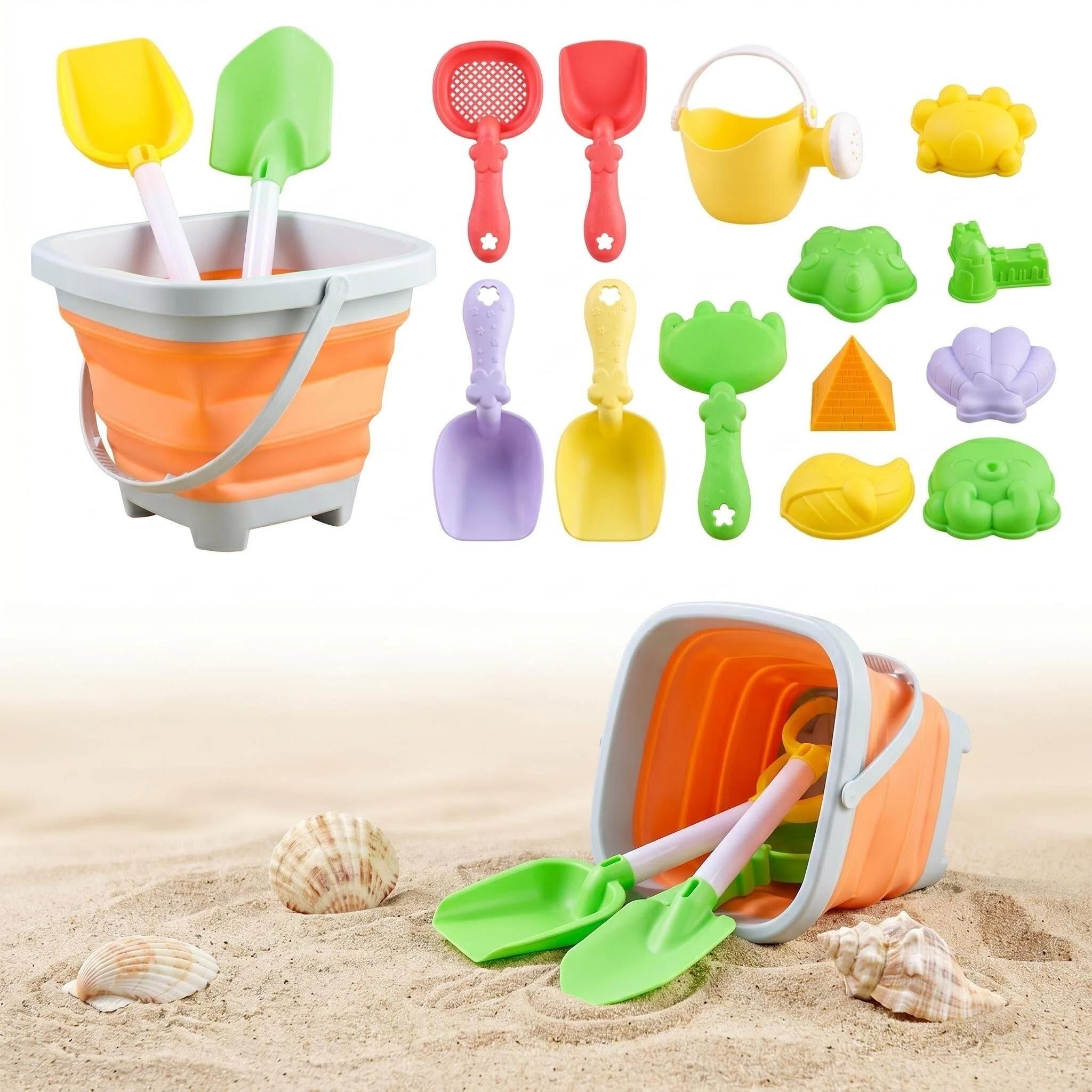 Satiskid 16PCS Foldable Beach Bucket Toys Set, Kids Beach Play Tools with Shovels, Molds & Watering Can, Sanf Toys for Kids, Summer Outdoor Toys for Beach, Pool, Sandbox & Backyard
