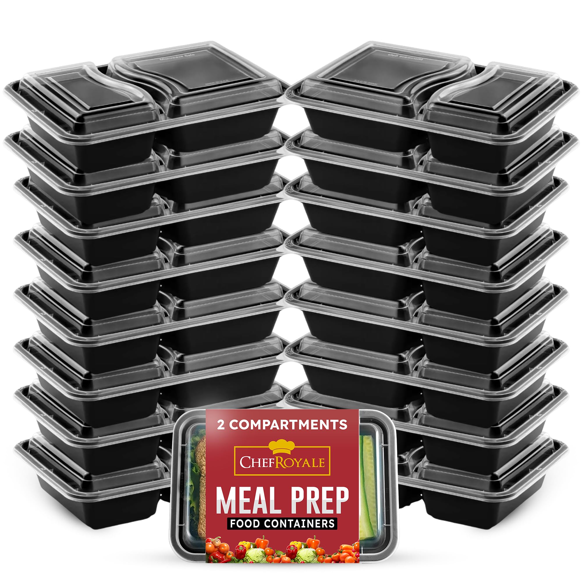 Chef Royale Black Pack Of 12, 2 Compartments Meal Prep Containers- 28Oz Bpa Free Reusable Storage Containers With Airtight Lids - Microwave, Freezer, And Dishwasher Safe - Stackable Lunch Boxes (12 Pack)