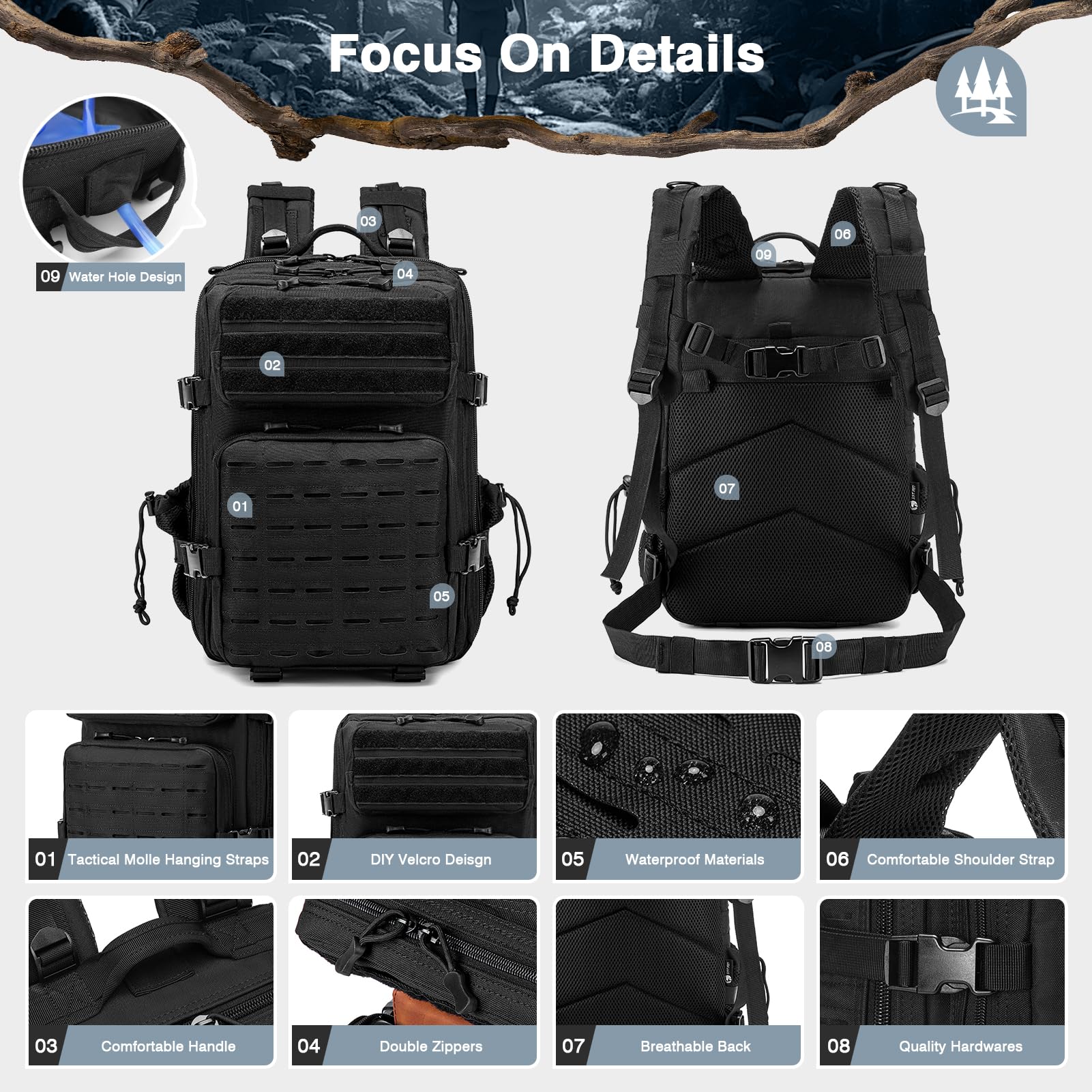 SPAHER Sac à Dos Tactique Militaire Multifonction Molle 30L Sac a Dos Voyage 40x30x25 Eurowings Bagage Cabine Sac à Dos Randonnée Trekking Crossfit Homme Peche Survie étanche Armée Backpack