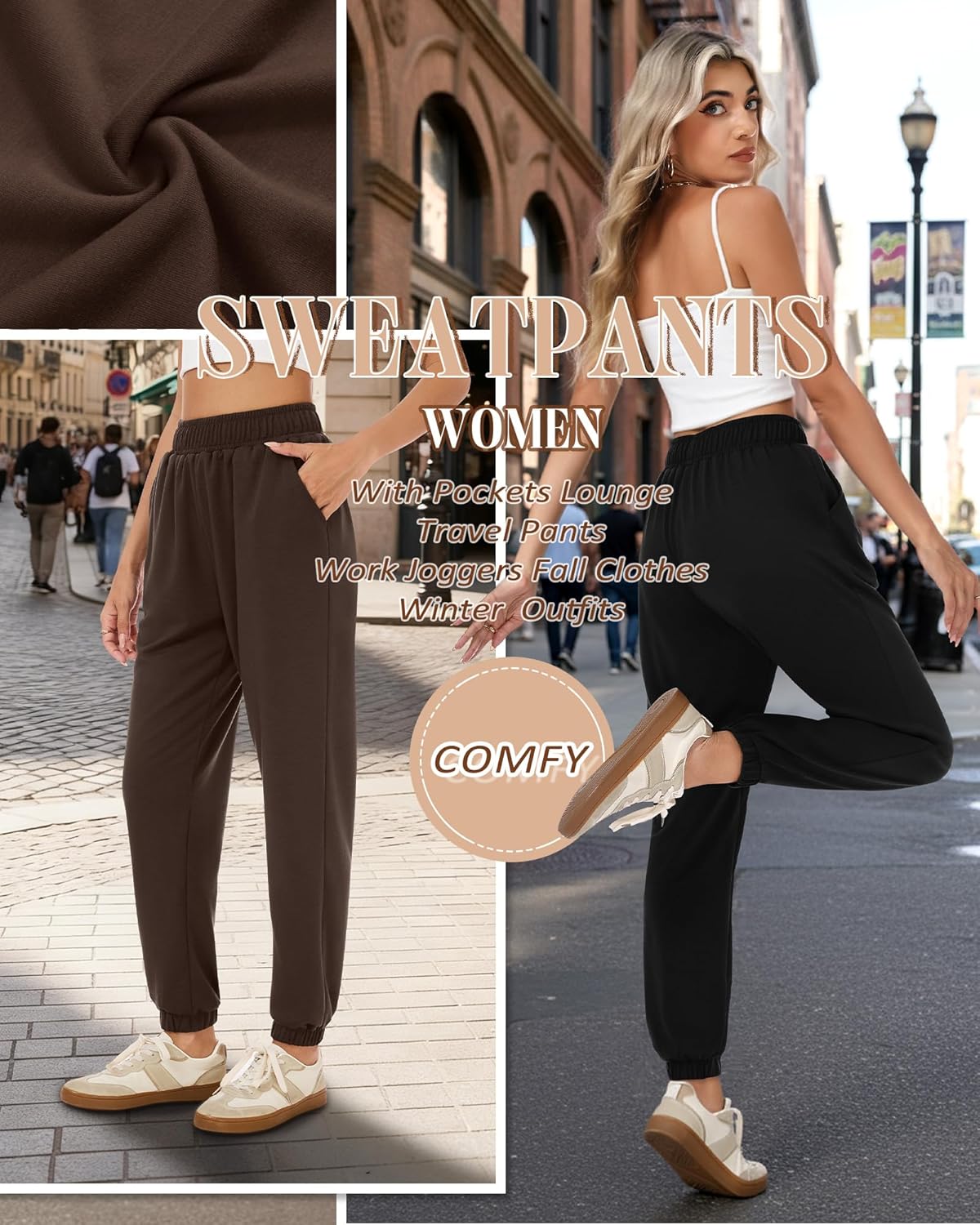 3 Pack Women's Joggers Sweatpants with Pockets, Elastic High Waisted Drawstring Baggy Lounge Trousers Yoga Workout - Image 5