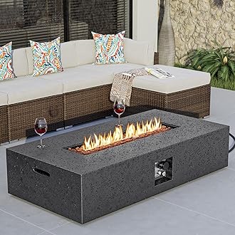 COSIEST 56-inch x 28-inch Outdoor Propane Fire Pit Coffee Table w Concrete Rectangle Base, 50,000 BTU, Free Lava Rocks and RainCover, Fits 20lb Tank Outside, Gray