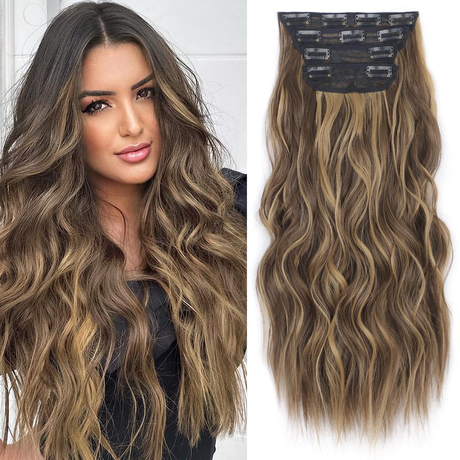 ALXNAN Clip in Long Wavy Synthetic Hair Extension 20 Inch Brown Mixed Caramel Blonde 4PCS Thick Hairpieces Fiber Double Weft Hair for Women