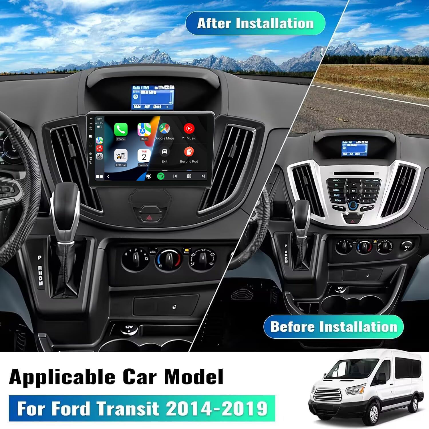 SXAUTO [6GB+128GB] Android 15 IPS Autoradio Per Ford Transit Tourneo Custom (2013-2019) - Senza fili CarPlay/Android Auto - LED Camera + MIC - DAB Fast-boot Volante 360-CAM AHD BT - 2 Din 9 Pollici