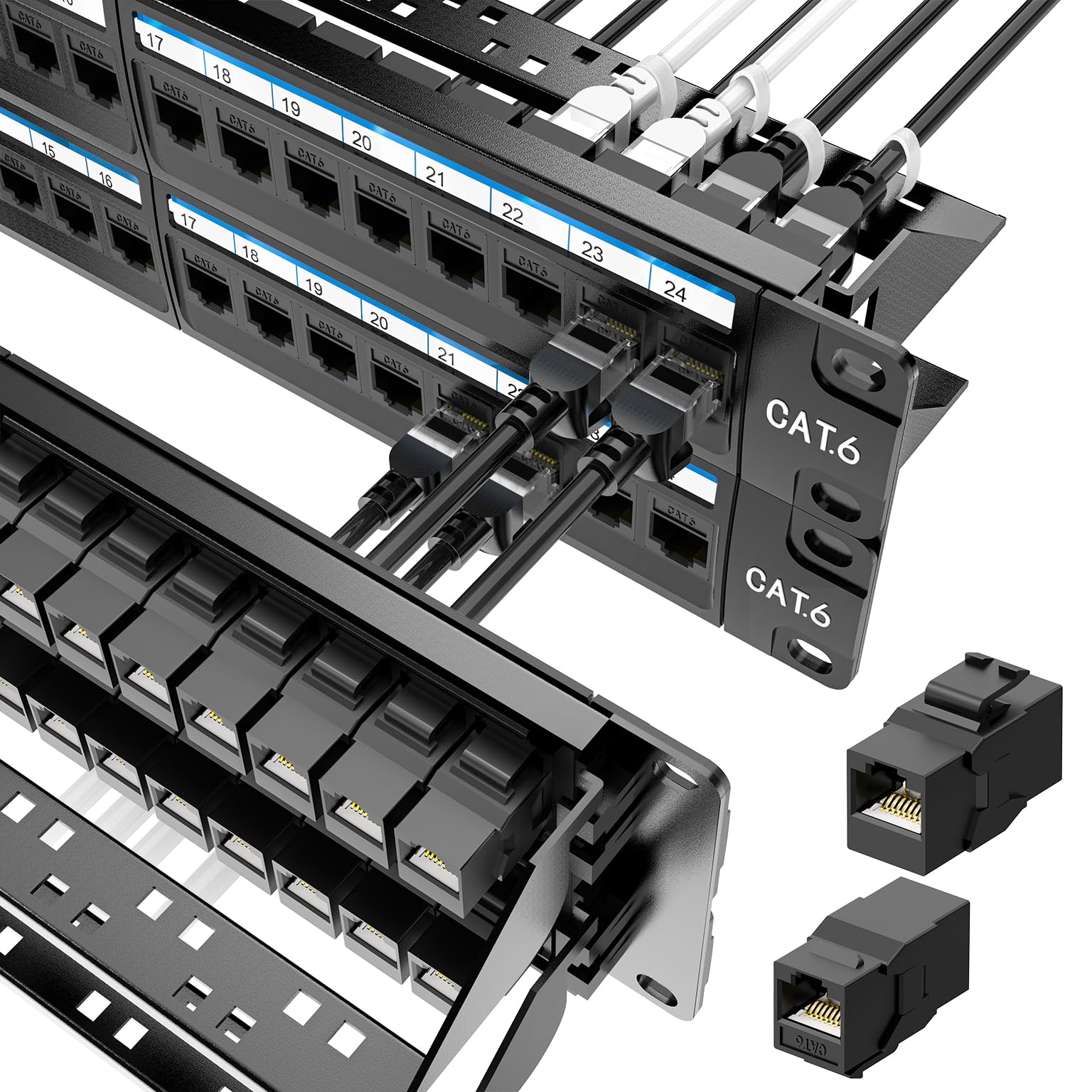 Jadaol UL Listed 48 Port Patch Panel Rackmount or Wall Mount 19-Inch 2U Cat 6 Network Panel Preloaded