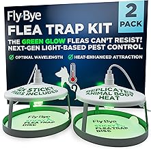Fly-Bye Flea Trap Kit with Unique Green Light – 2 Flea Traps with 12 Non-Toxic Sticky Pads – Unscented Fleas Killer for Home – No Spray or Bomb Needed - Green Light and Heat Irresistible to Fleas