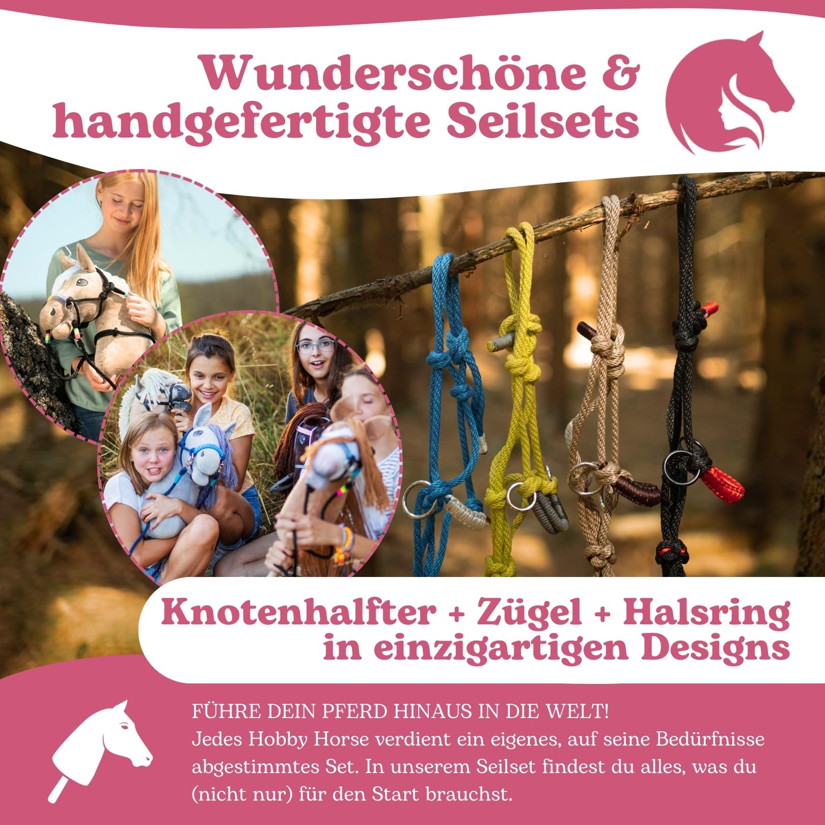 LarDen Hobby Horse Zubehör SeilSet - Halfter mit Zügel & Halsring für Größe M Steckenpferd - Regenbogen, Stockpferd Set, Hobby Horsing Pferd, Spielzeug Kinder, Spielpferd, Hobbyhorse - 3
