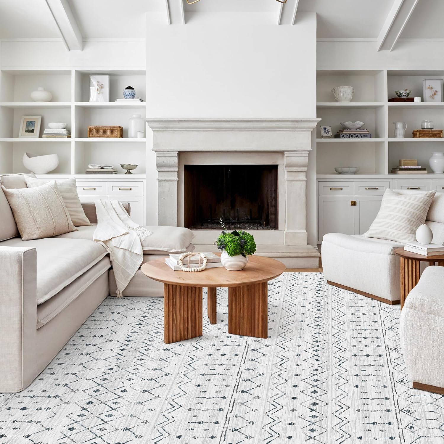 Deerly Carpet for Living Room, Boho Washable Rugs 9x12, Moroccan Area Rug Farmhouse Distressed Rug with Non-Slip Backing, Large Soft Neutral Indoor Rug for Bedroom Dining Room, White/Dark Grey White/Dark Grey 9'x12'