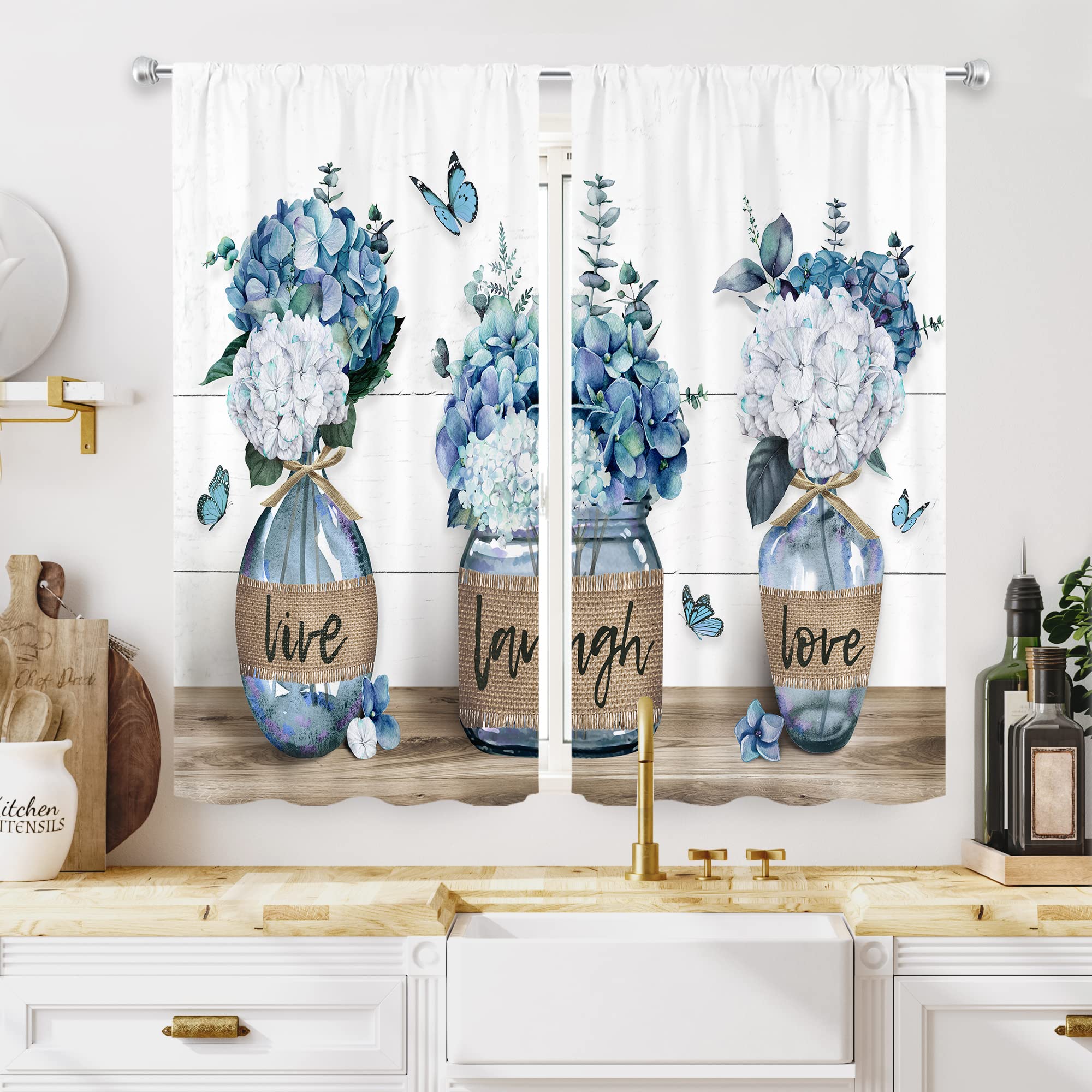 Renaiss 26 X 45 Inch Short Linen Curtains - Farmhouse Blue Floral Print, Back Tab & Rod Pocket, 2 Panels For Kitchen, Bathroom, Tier Curtains - View #9