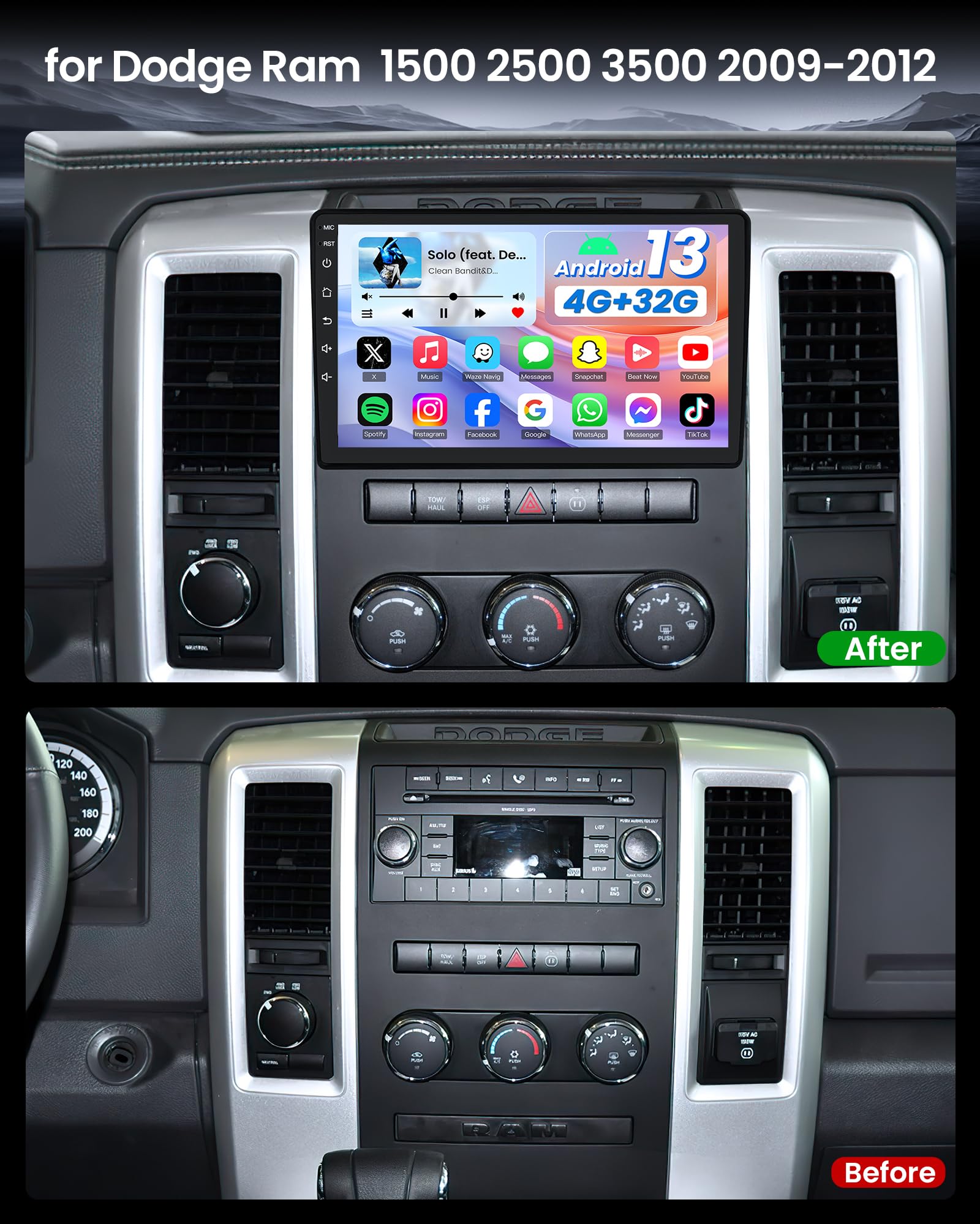 Android 13 Upgrade Car Radio for Dodge Ram 1500 2500 3500 2009-2012: 10.1