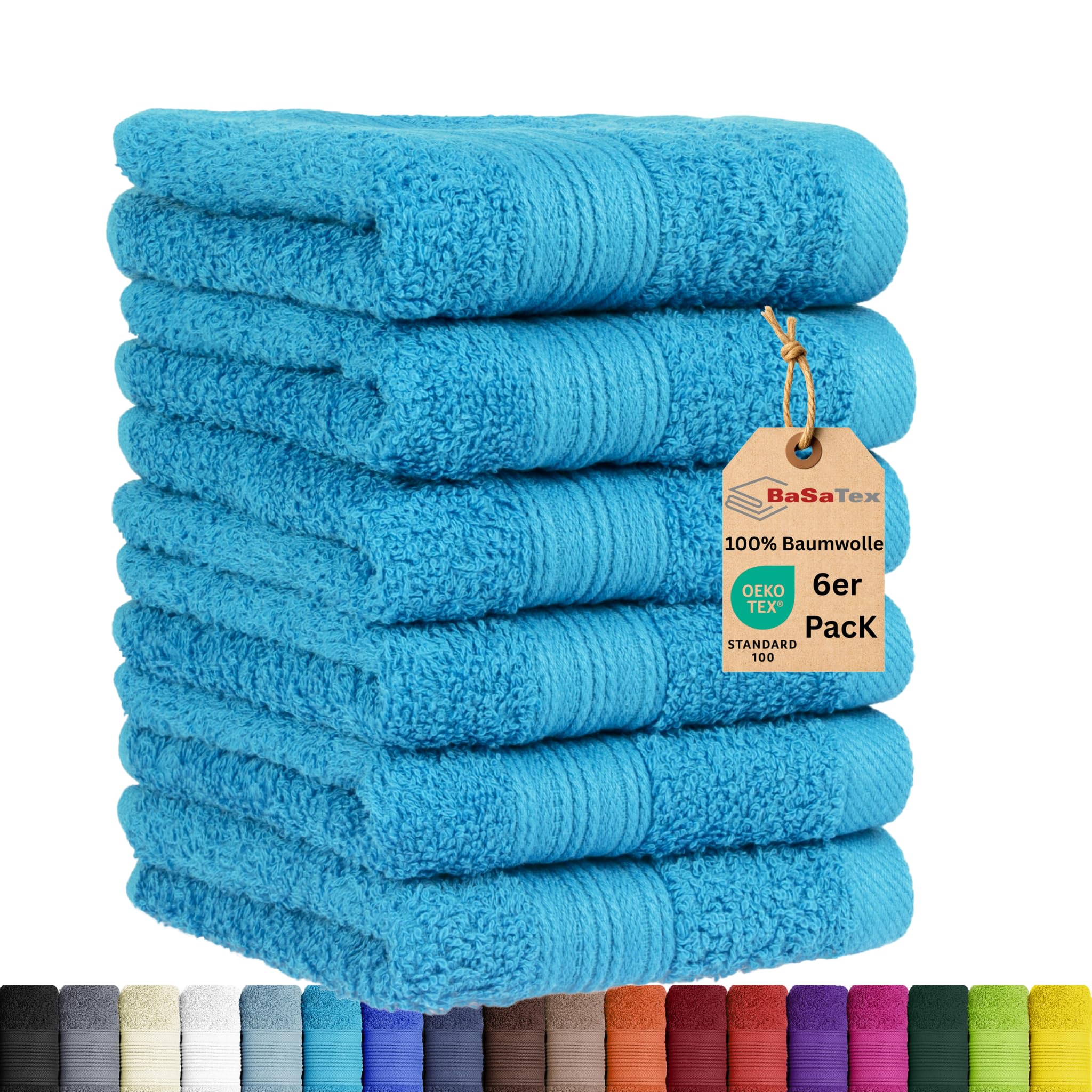 BaSaTex - 6er Pack Handtuch Set für Gäste - Handtücher mit Aufhängeschlaufe aus weicher Baumwolle in 30x50 cm - Gästetücher für die Händereinigung Öko-Tex Standard 100 Zertifiziert - Türkis