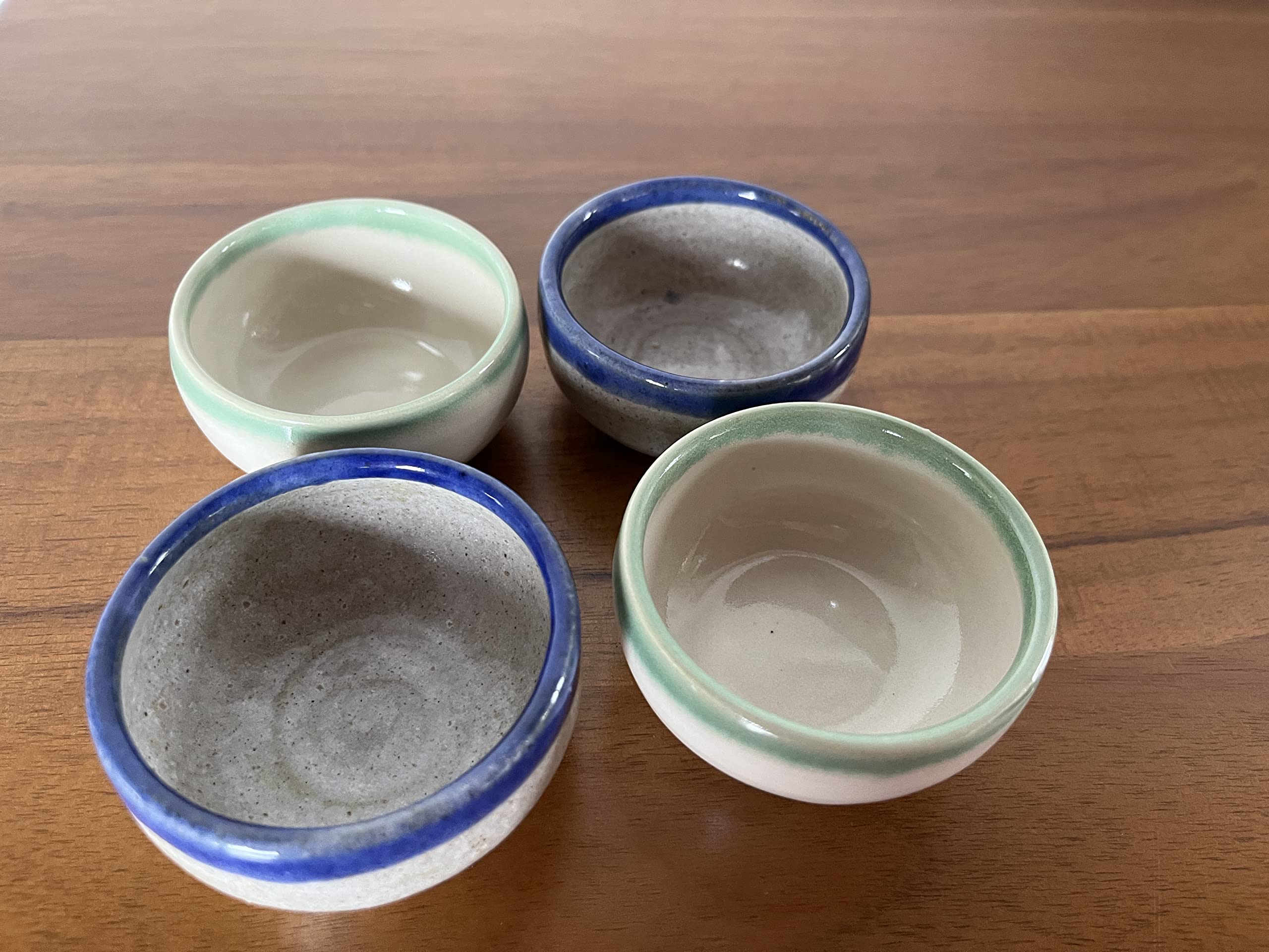 Artisan Mezcal | Tequila | Sake Clay Cups | Handcrafted and Hand Painted | The Proper Traditional Vessel for Neat Spirits | Made in the USA | Set of 4 (Green Rim - White, Blue Rim - Grey)