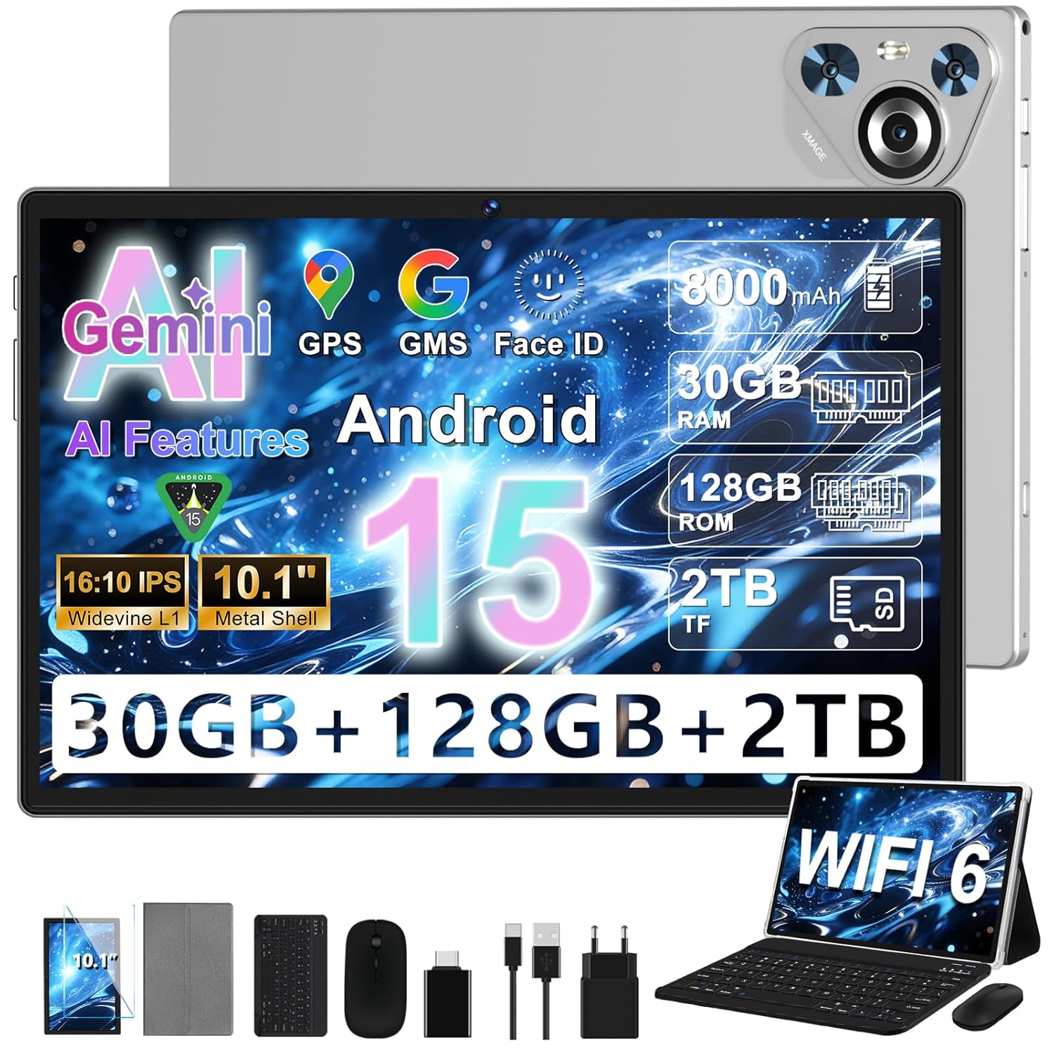 Dghrti Tablet 10 Inch Android 15 with 30 GB RAM + 128 GB ROM (TF 1TB), 5G WiFi, Octa-Core, Widevine L1, Child Lock, 8000 mAh, BT 5.0, GPS, Tablet with Keyboard, Grey
