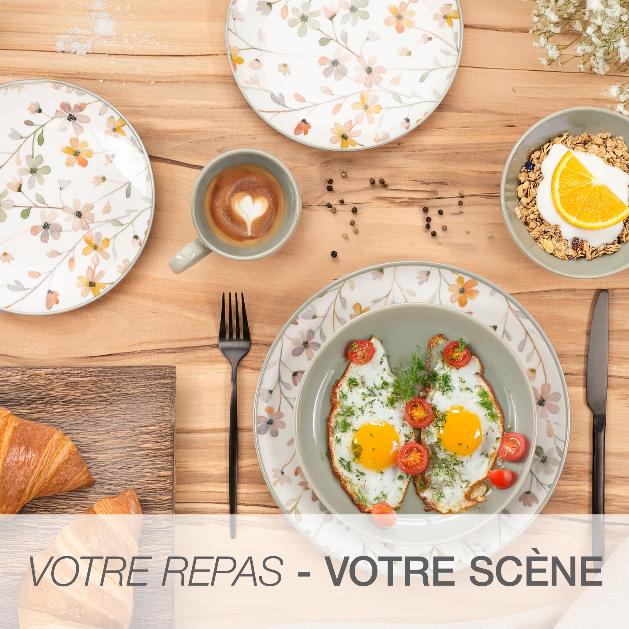 Moritz & Moritz PRIMAVERA Vaisselle en Grès 6 Personnes 24 Pièces - Service de Table Moderne avec Design Ludique, Service à Café Facile à Entretenir avec Ensemble d’Assiettes, Bols & Tasses - Service