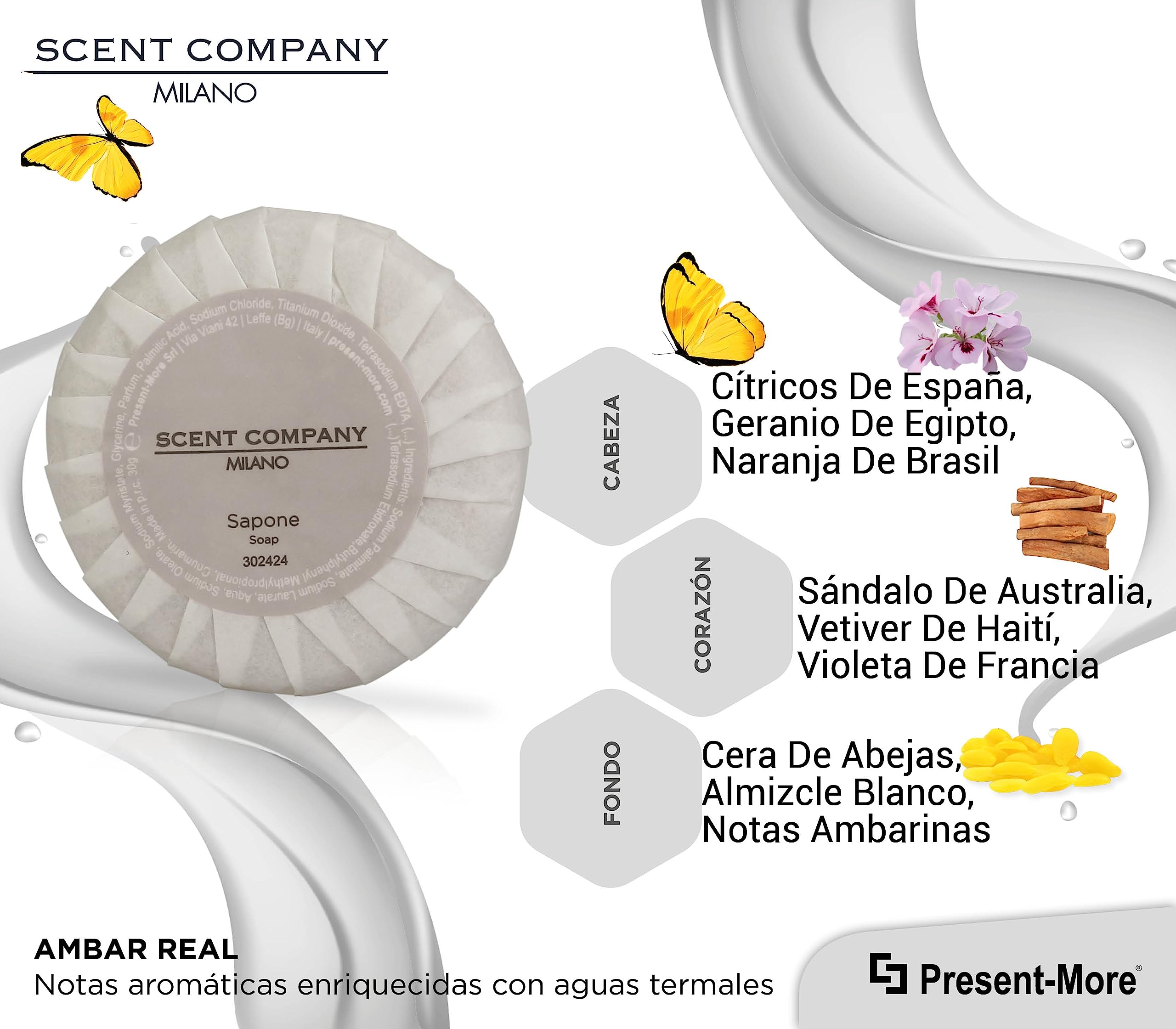 Present-More Jabon manos 30gr Scent Company Milano - Jabon 250 unidades para Hoteles y B&B | Jabon con fragancia Ámbar Real
