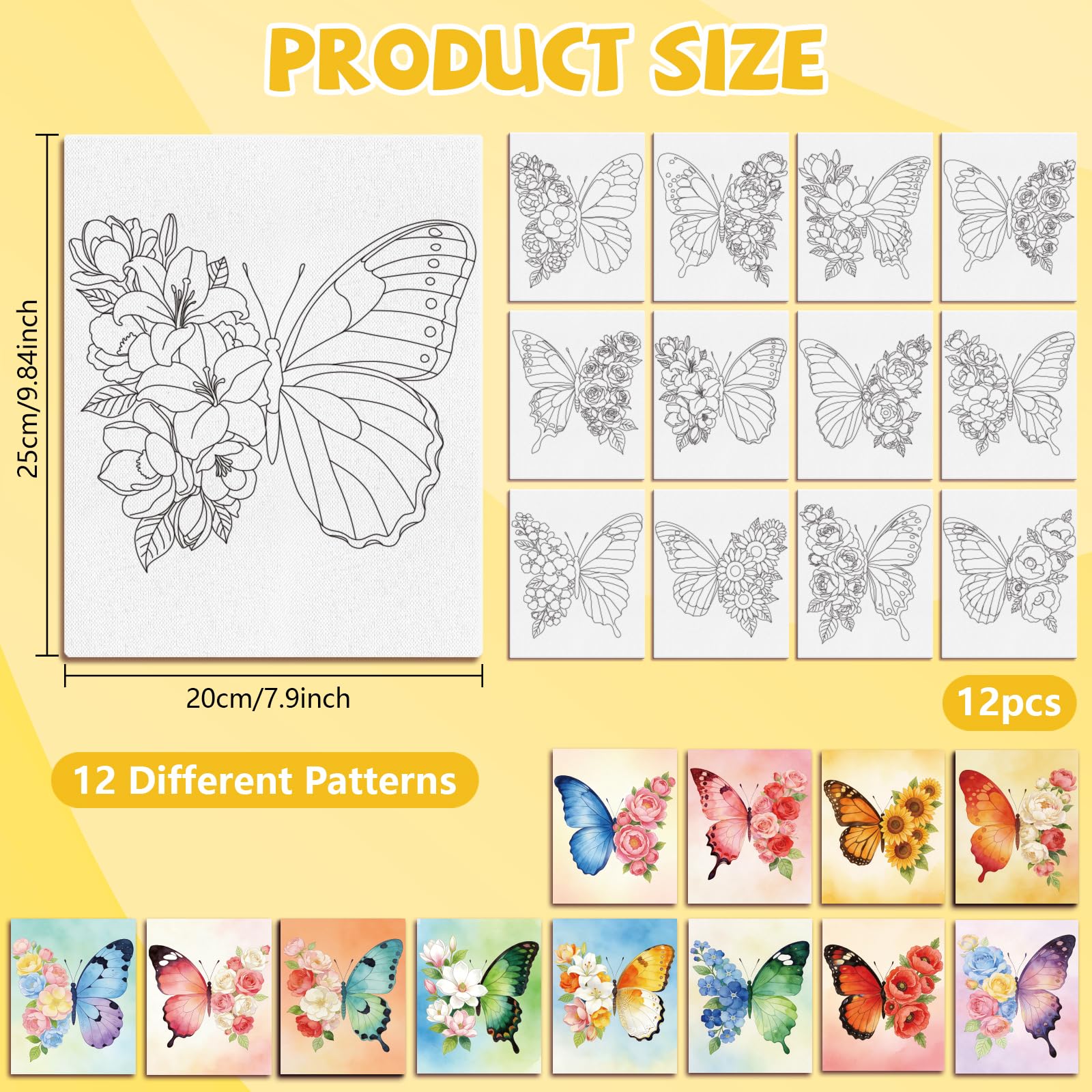 MAYJOYDIY 12 tele pre-disegnate con farfalle e fiori per dipingere, girasole, rosa, magnolia, 25 x 20 cm, motivo: farfalla, fiori esotici, fai da te, per principianti, bomboniere