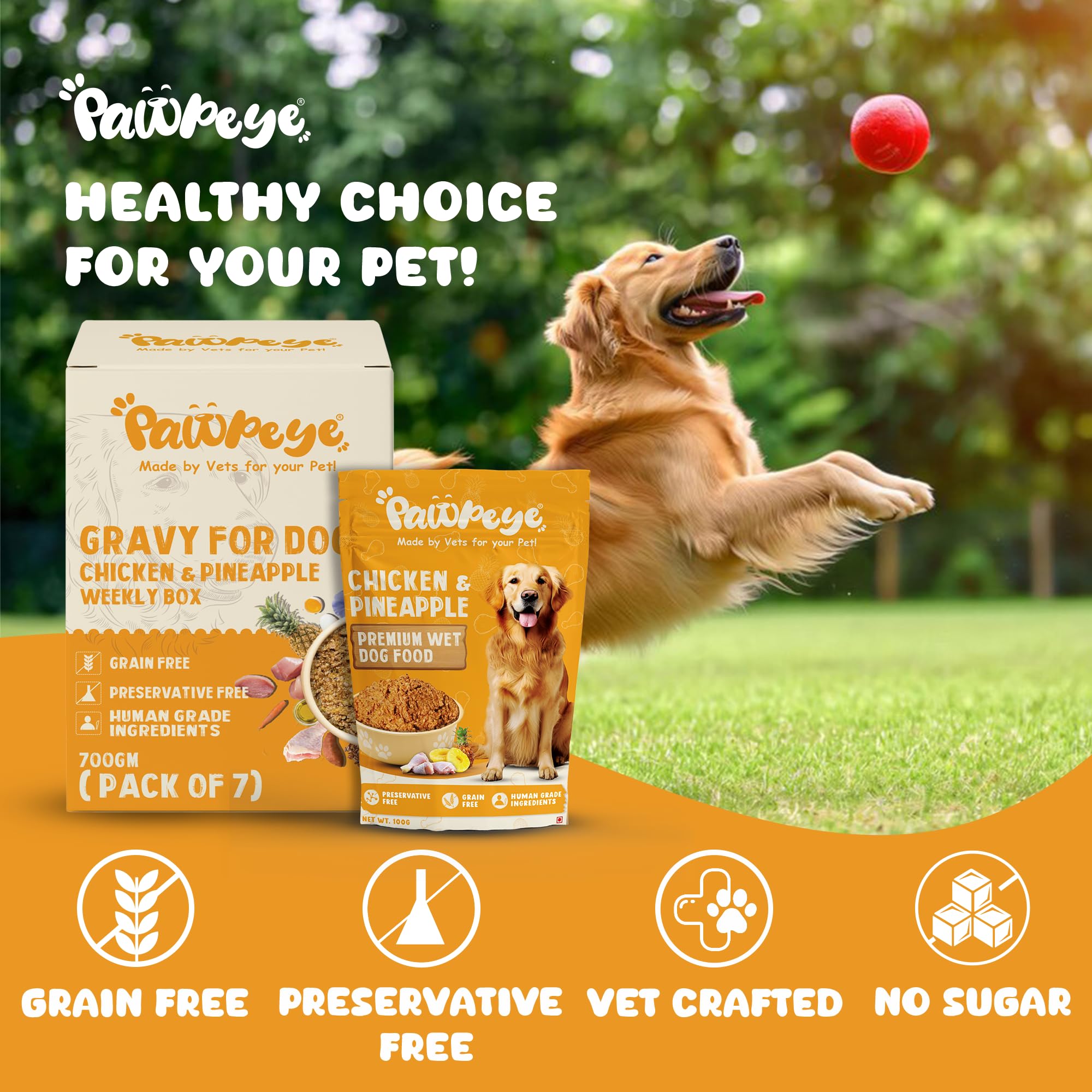 Pawpeye Wet Dog Food Weekly Box-Chicken & Pineapple Flavour | 7 Packs x 100g, 700g | for Adult Dogs & Puppies | Vet-Formulated, Human-Grade, Grain & Preservative-Free, 100% Natural 2