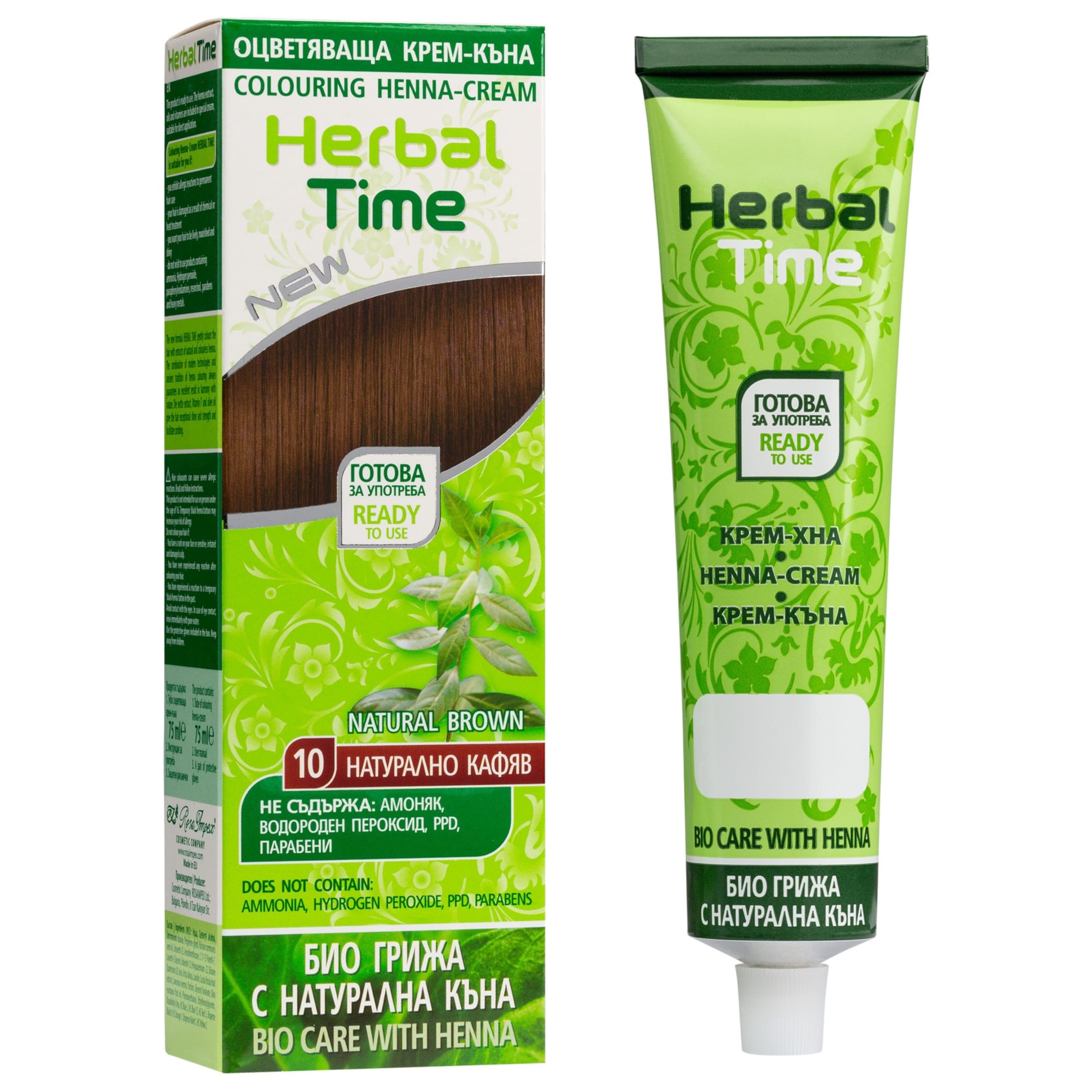 Herbal Time Henna for Natural Hair Colouring Cream | Covers Gray Hair | Temporary Colouring Dye | Ammonia-Free, Sulfate-free and Paraben Free | Natural Brown 10 | 75 ml