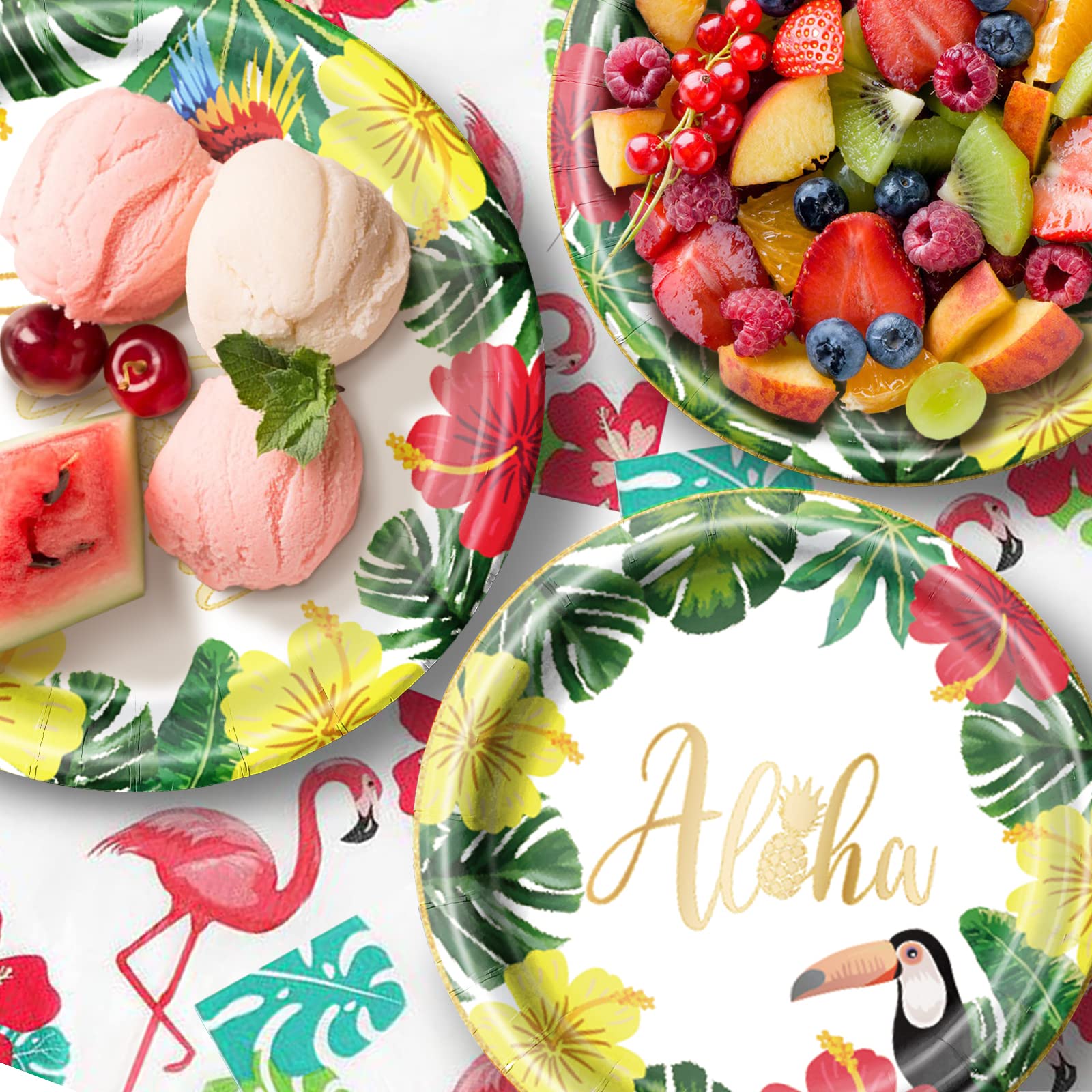 Hawaiian Birthday Party Decorations,Tropical Aloha Party Tableware Set,Disposable Luau Paper Plates,Flamingo Napkins and Tablecloth,Summer Beach Decor Party Supplies for 25 Guests