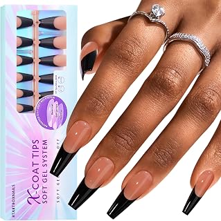 BTArtboxnails XCOATTIPS Black Press on Nails - French Tip Press on Nails Long Coffin Nail Tips, Soak Off Acrylic Gel Fake Nails Art Extension