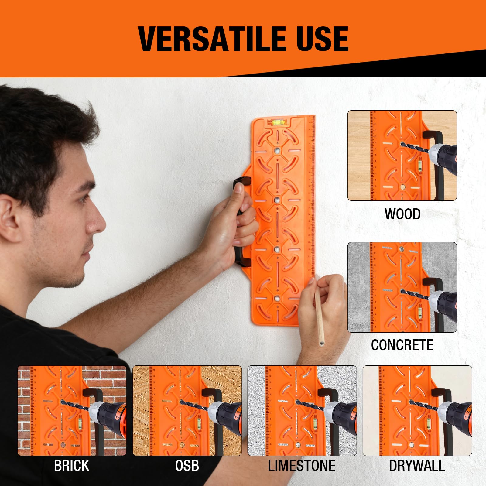 Plantilla de Taladro para Enchufe 71 mm – Caja Empotrada y Paredes Secas – Nivel de Burbuja y Regla Integrada, Herramienta de Precisión para Instalación Eléctrica(Naranja)