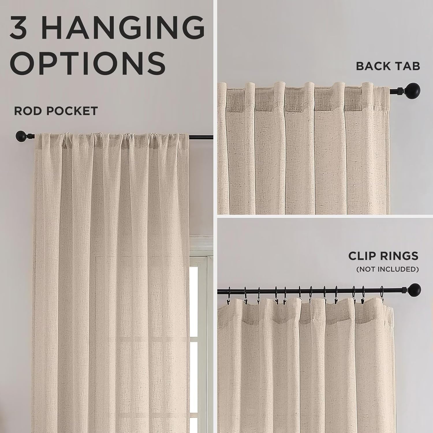 CUCRAF Natural Linen Semi Sheer Curtains 72 Inches Long, Light Filtering Farmhouse Curtains for Bedroom Living Room, 2 Panels Set Rod Pocket & Back Tab Window Drapes (52 x 84 Inch, Beige)