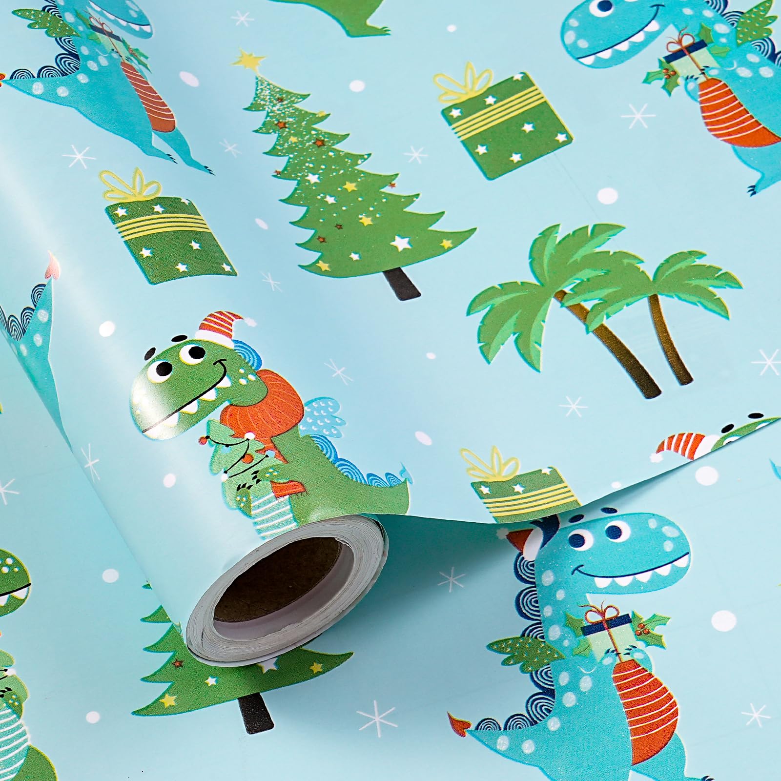 LeZakaa Christmas Dino Wrapping Paper Roll for Kids Boys, Cute Cartoon Dinosaur Gift Wrap with Presents Trees for Christmas Holiday, Party Decor, Mini Roll 17 in x 16.4 Feet — image 1