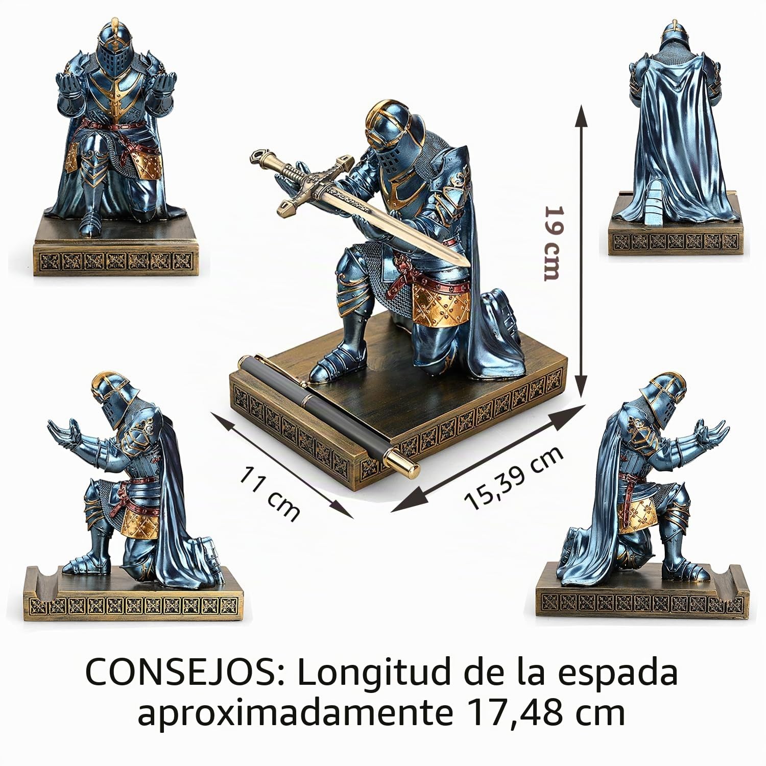 King's Guard Leader - Soporte para bolígrafo de caballero guerrero, soporte para teléfono móvil, estatua de caballero, pisapapeles para oficina y hogar (azul)