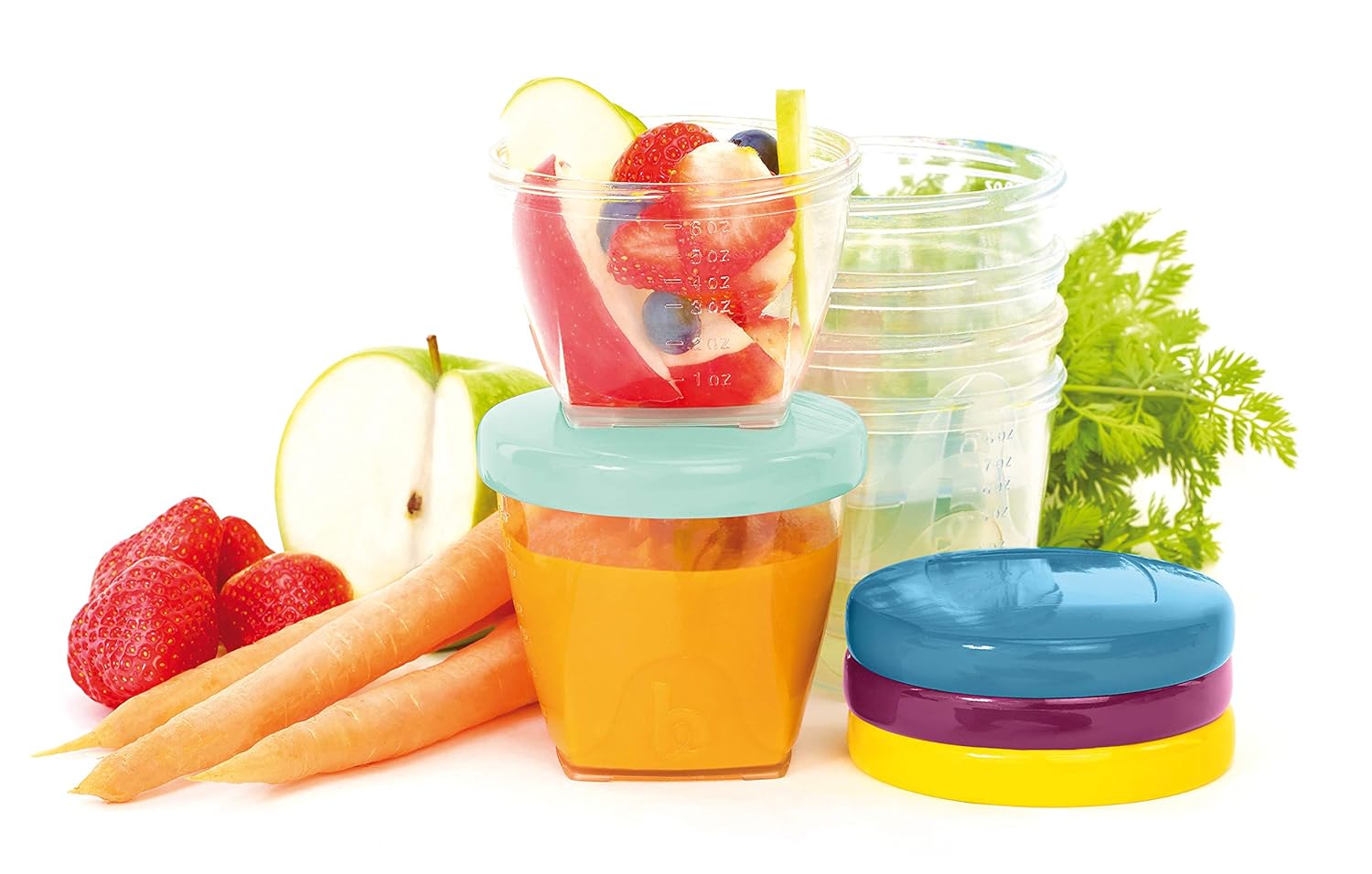 Babymoov Baby Food Jars Set of 24 (6 x 4oz + 6 x 6oz + 12 x 8.45oz) Storage Containers BPA-Free Leakproof Silicone Lids Microwave, Freezer & Dishwasher Safe Baby Registry Essential