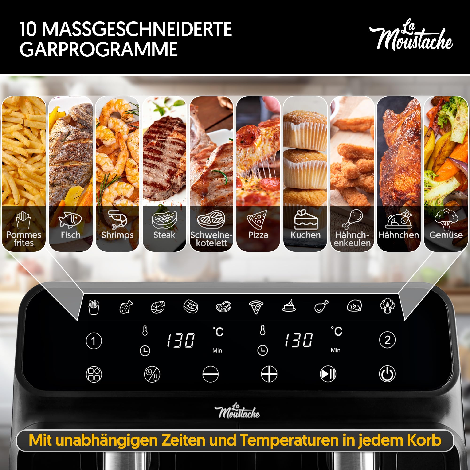 La Moustache - Heißluftfritteuse XXL, 2 Fächer, 8L Inklusive【E-Book mit 50 Rezepten】6 Kochfunktionen, 10 Programme, Air Fryer mit Antihaftbeschichtung, Max 220°C, Timer, 1700W (DuoFry Black)