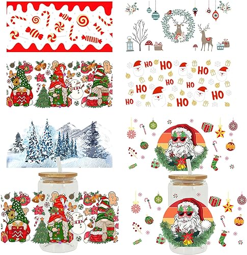 Vasos de vidrio de 16 onzas con protección UV DTF para Navidad, transferencia para manualidades, calcomanías impermeables de vidrio Libby (6 hojas)