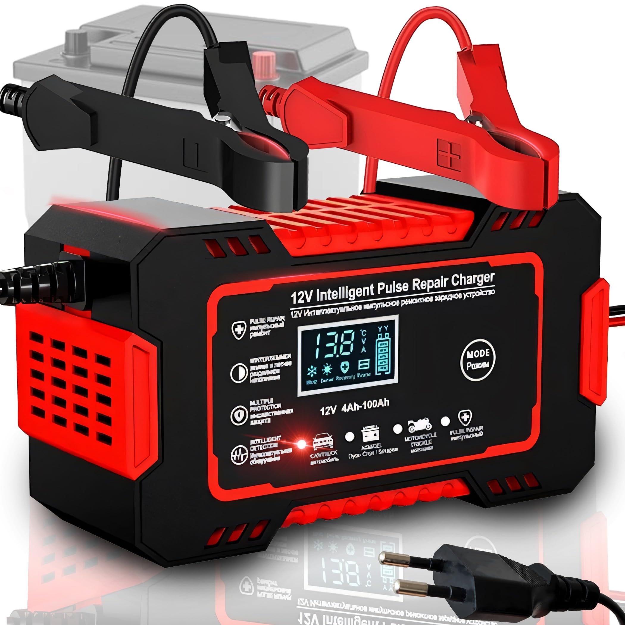 Retoo Automatyczna prostownica samochodowa 12 V/24 V 6A, LCD Smart Charger z funkcją naprawy, zintegrowany wentylator, 7 trybów ładowania, ochrona akumulatora