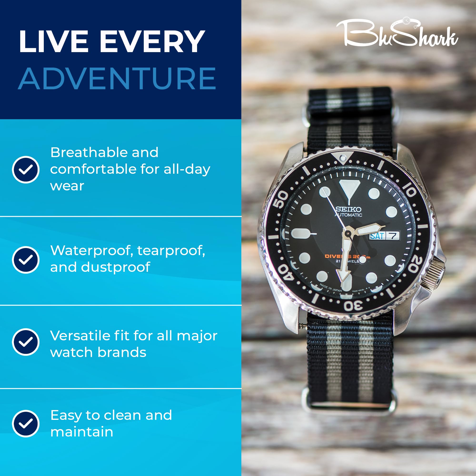 BluShark, Original Collection Military-Style Waterproof Watch Strap, Fits All Timepiece Brands, Durable Nylon Wristwatch Accessories with Stainless Steel Buckle - 18mm, 20mm, 22mm & 24mm Watch Bands - 5