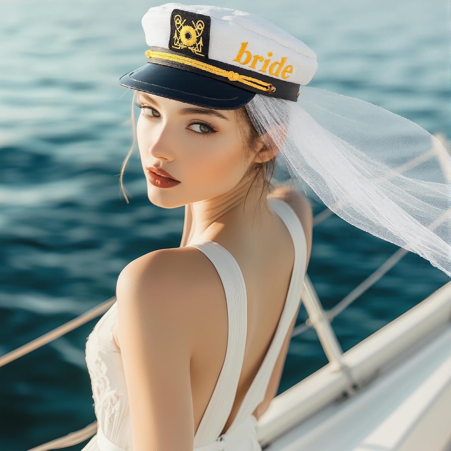 Hosrnovo Bride Captain Hat, Bride to Be Hat with White Veil Beach Bachelorette Party Accessories Funny Gift for Bridal Shower Wedding and Engagement