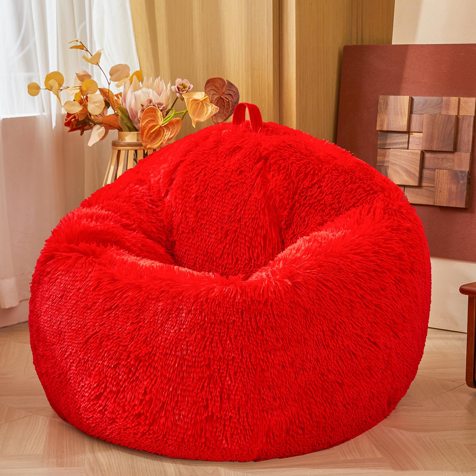 FOPPA Fuzzy Fluffy Plush Red Bean Bag Chair Covers – Soft Furry Shaggy Red Bean Bag Chair Cover for Kids Girl, Stuffed Animals Bean Bag Storage, No