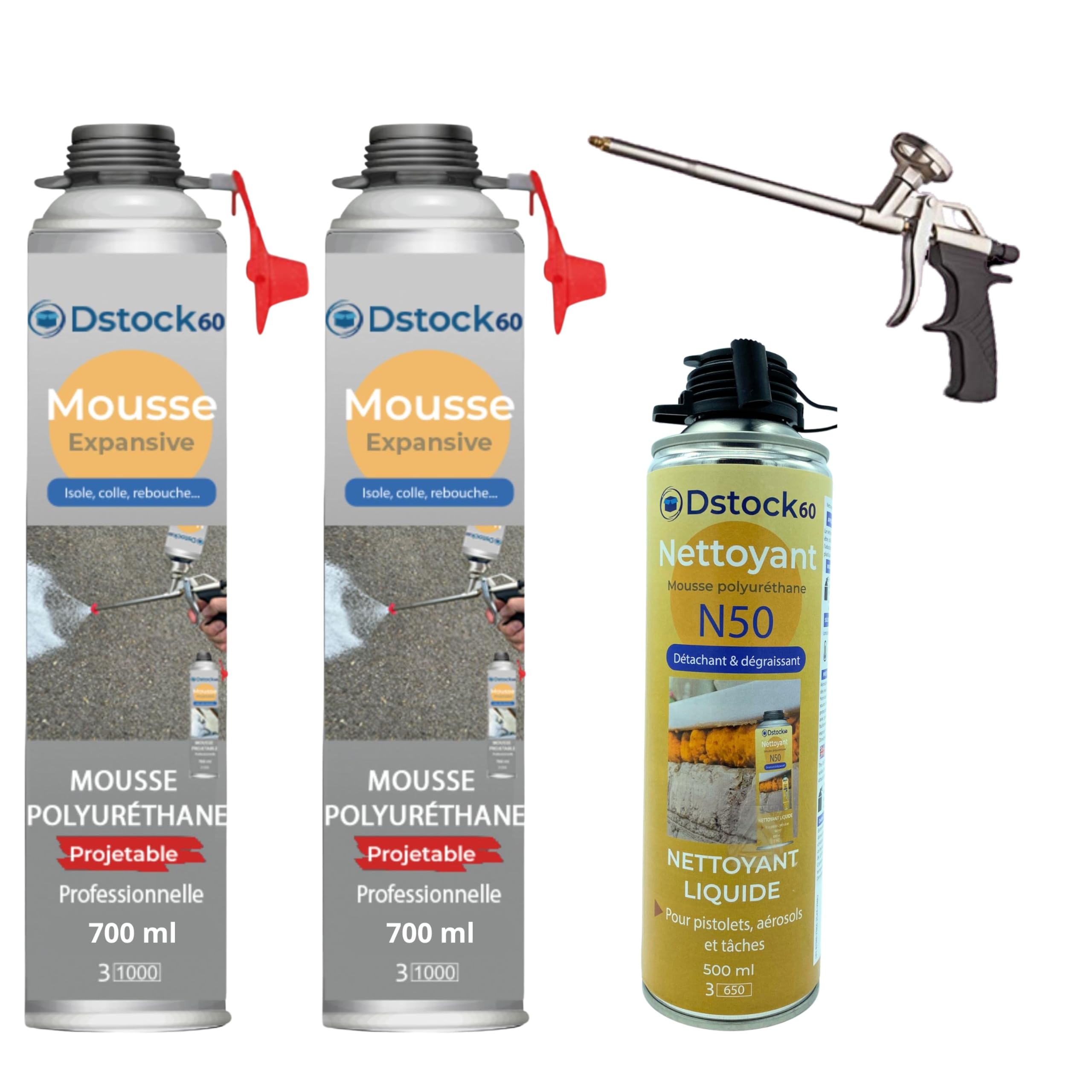 DSTOCK60 – Pack de 2 mousses expansives polyuréthanes projetables 700 ml + 1 pistolet + 1 nettoyant mousse - compatible multi-surfaces - application facile et rapide