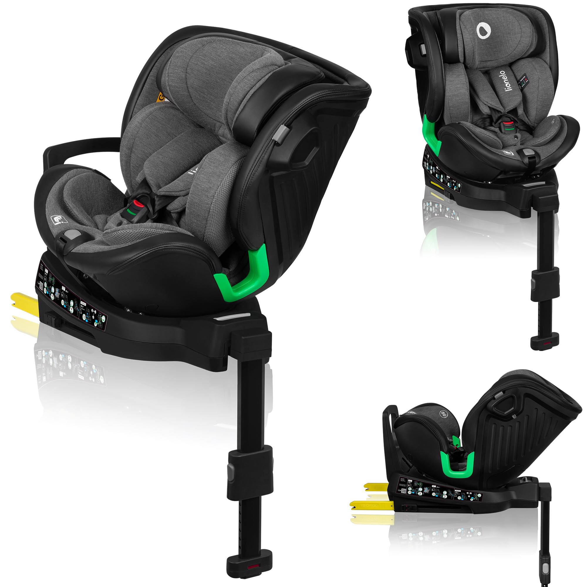 LIONELO HARMONY I-SIZE Silla Coche Bebé Giratoria 360o para Niños 40-150 CM, Fijación ISOFIX+Pata de Estabilización, Reposacabezas y Respaldo Ajustables, Reductor Dri-Seat (GRAPHITE LEATHER)