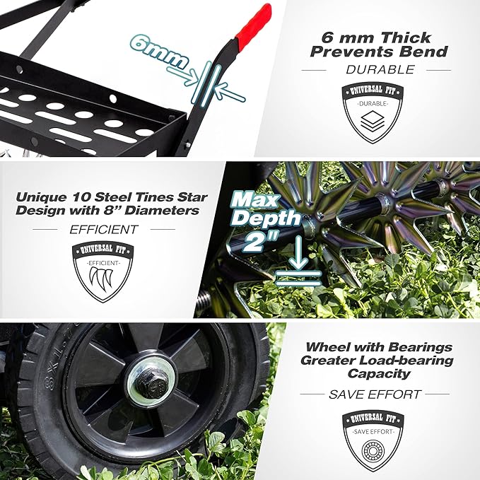 The 40-Inch Tow Behind Spike Aerator is a durable lawn aerator designed to improve soil aeration and promote healthy grass growth. It features galvanized steel tines that penetrate the soil efficiently, allowing air, water, and nutrients to reach grassroots more effectively. The spikes are sturdy and built to withstand tough terrain, making them suitable for use on both lawns and farms.
