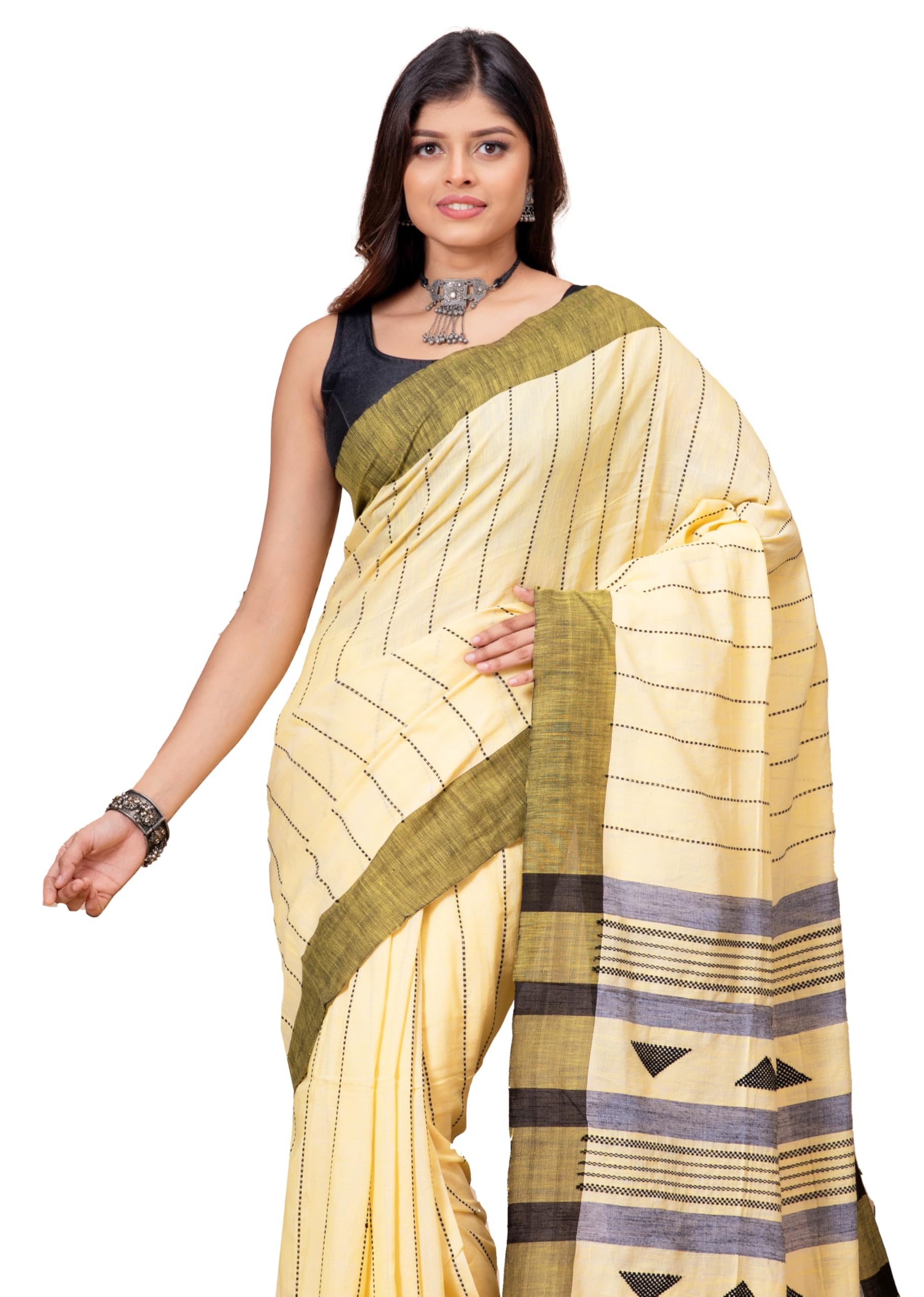 Brown and White Cotton Linen printed saree with blouse piece-image-26