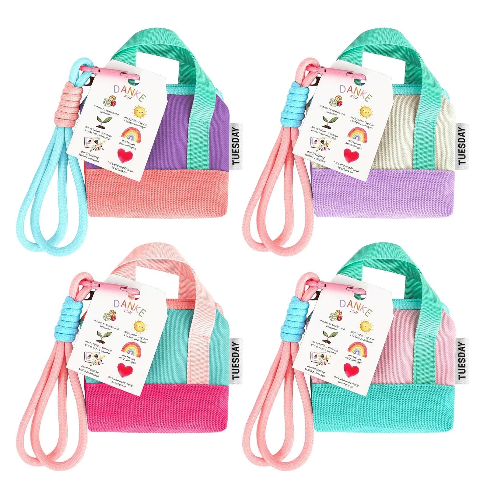 Zilaro Abschiedsgeschenk Lehrerin Erzieherin, 4Sets Mini Tragetaschen Schlüsselanhänger Mit Karte, Lehrer Geschenk, Mini Münzbeutel, Weihnachten Danke Abschied Geschenke Für Lehrerinnen, Grundschule
