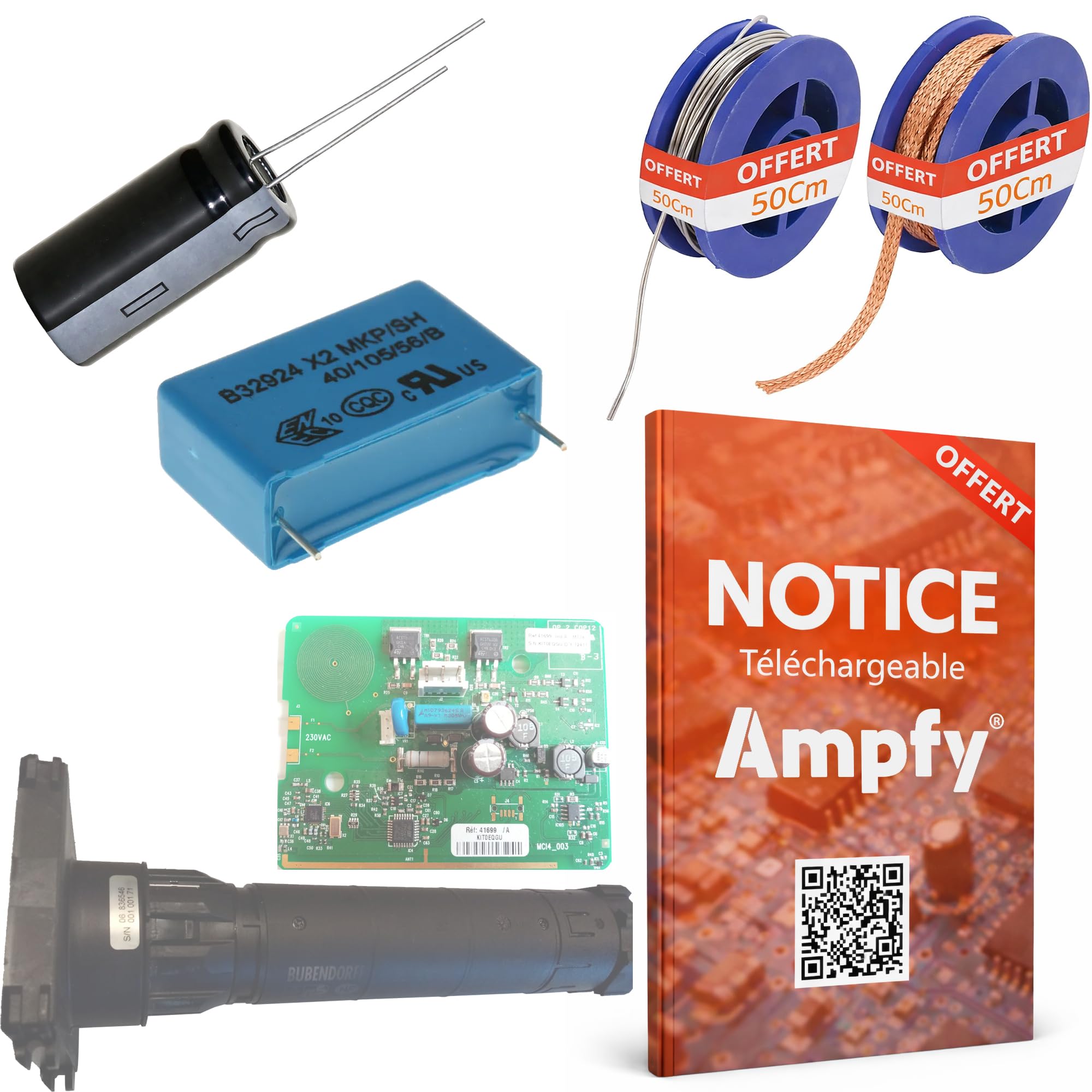 Ampfy Roller Shutter Motor Repair Kit components including capacitors, solder, and desoldering braid.