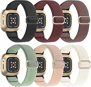 HSWAI 6 Pack Compatible with Fitbit Versa 4 Bands/Versa 3/Fitbit Sense 2/Sense Bands for Women Men, Adjustable Stretchy Nylon Elastic Band Replacement Strap for Fitbit Versa 4/Versa 3/Sense 2/Sense Smartwatch