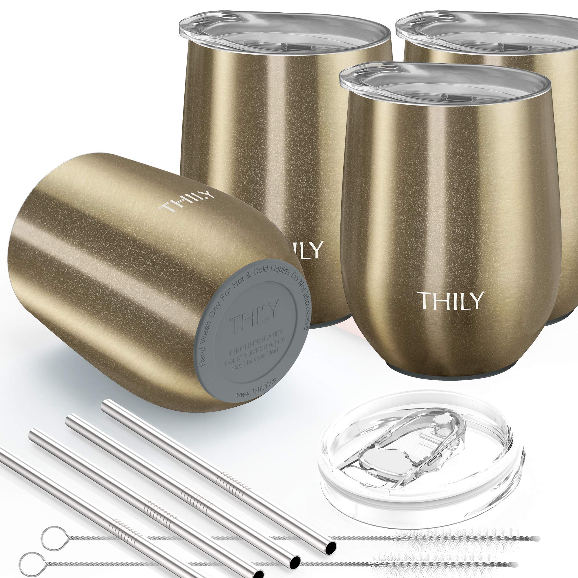 THILY Thermo-Weingläser, Edelstahl, 4 Stück, ohne Stiel, mit Deckel und Strohhalm, wiederverwendbar, BPA-frei, niedlicher Reisebecher für Kaffee, Cocktails, Urlaub und Geschenk, Champagner
