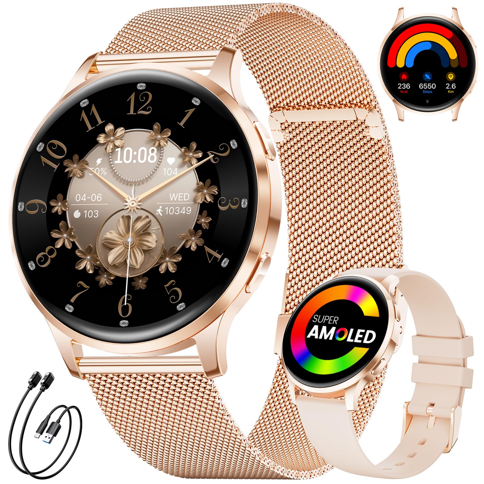Smartwatch Donna con Chiamata, 1,32" Ftness Tracker AMOLED, IP68, Oro Rosa | Monitoraggio della Frequenza Cardiaca e del Sonno, 110+ Modalità Sportive, Smartwatch Multifunzione per Android e iOS