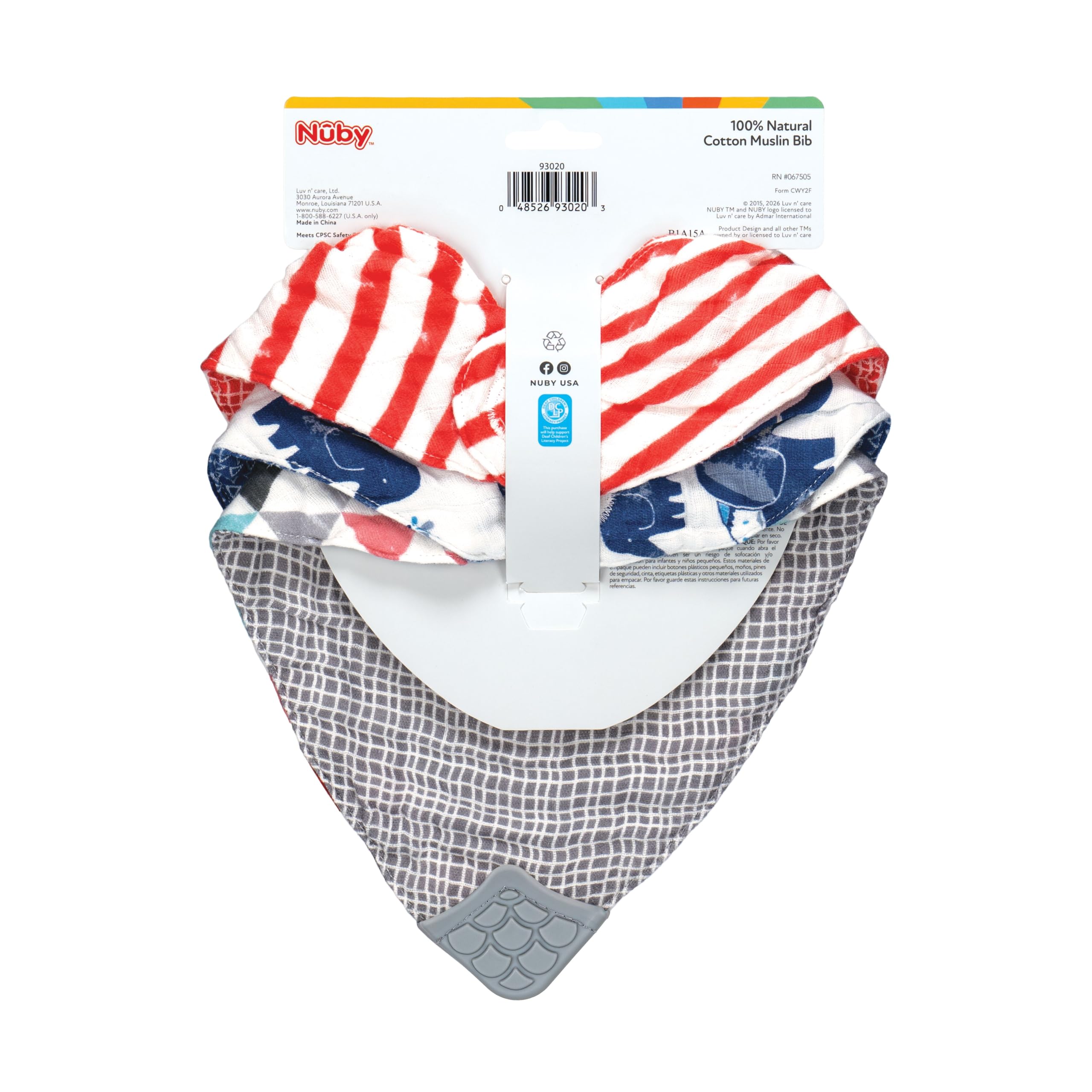 Nuby Babero reversible de muselina de algodón 100% natural, 3 piezas, gris/rojo/azul, flechas/rayas rojas/elefantes